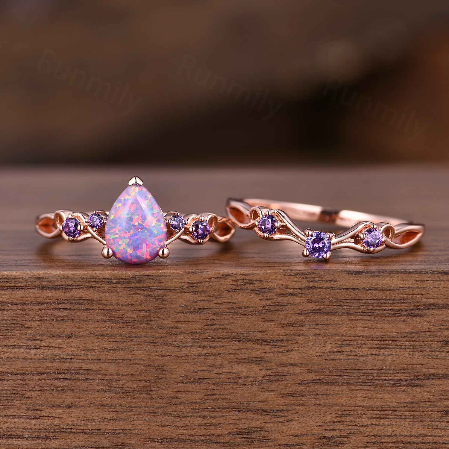 Lavender Opal Amethyst Wedding Ring Set Pear Shaped Purple Opal Engagement Ring Rose Gold Celtic Knot Bridal Ring Set