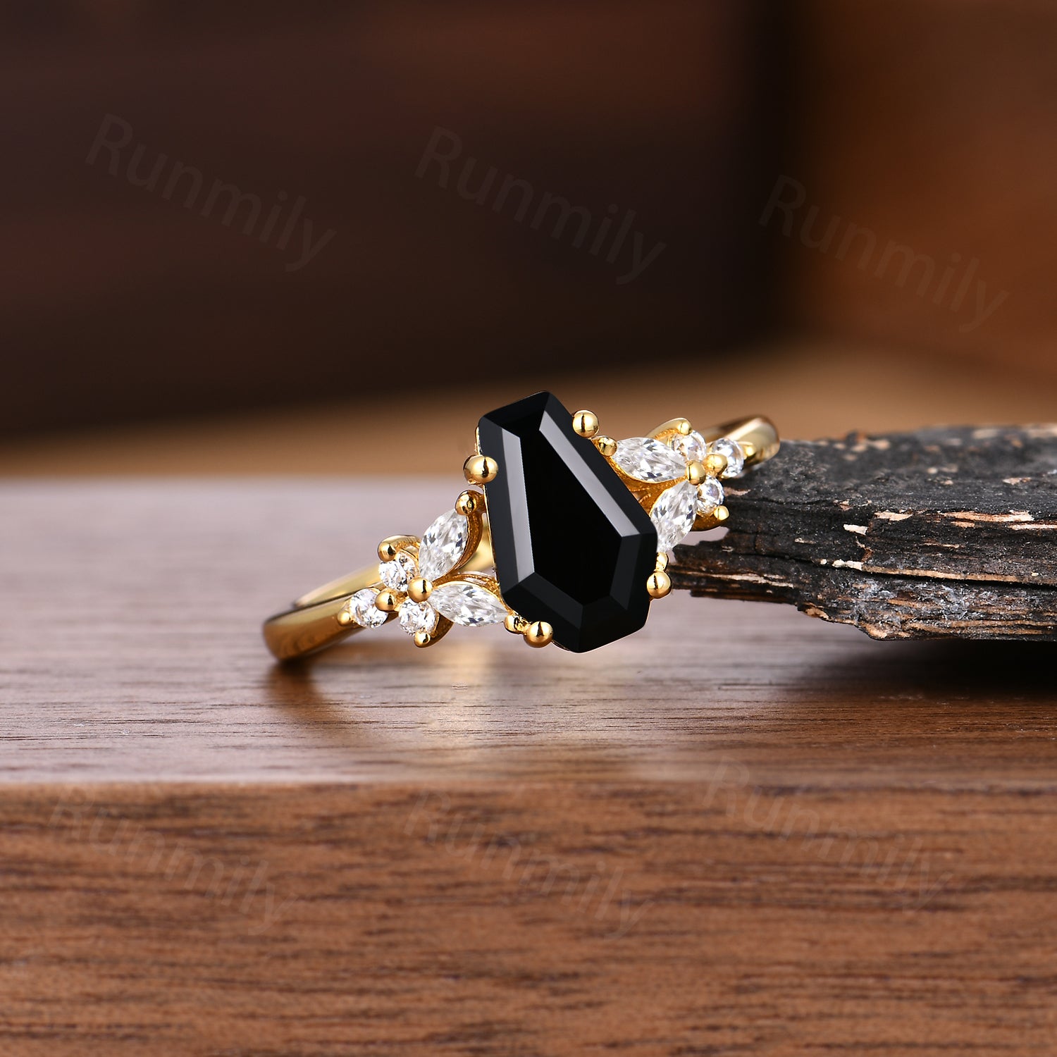 Coffin cut Natural Black Onyx Ring Yellow Gold Engagement Ring For Women Moissanite Cluster Wedding Ring Unique Promise Anniversary Ring
