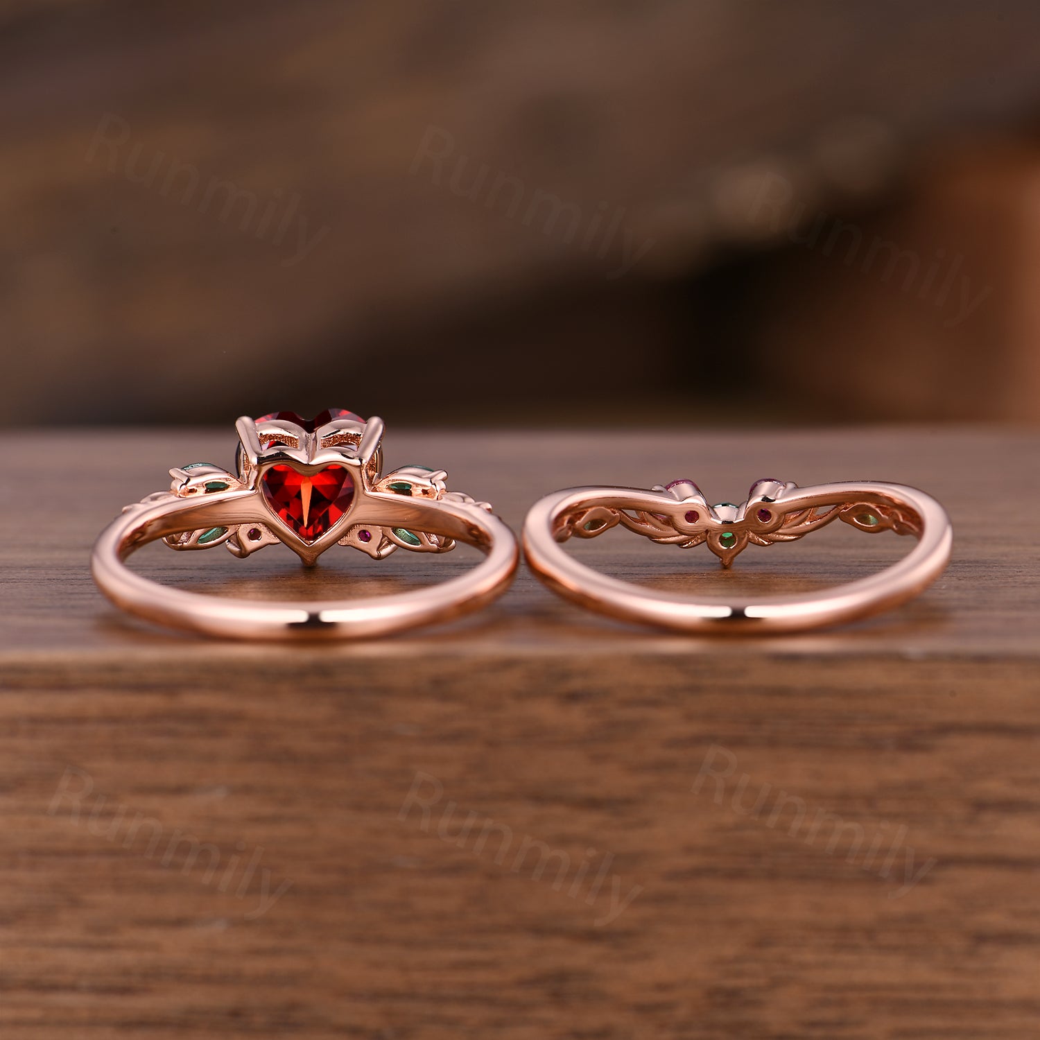 Heart shaped Garnet engagement ring set women 14k rose gold emerald ruby branch leaf cluster wedding band promise ring for her