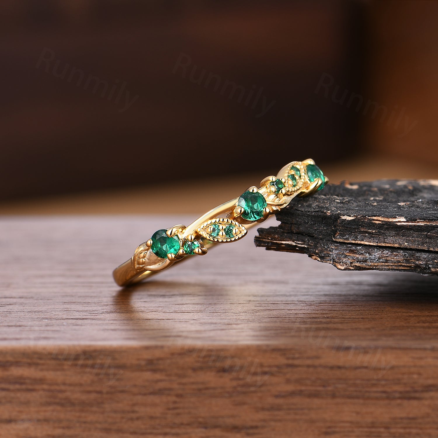 Vintage Emerald Wedding Band Dainty Leaf Inspired Ring May Birthstone Anniversary Ring Gift For Women