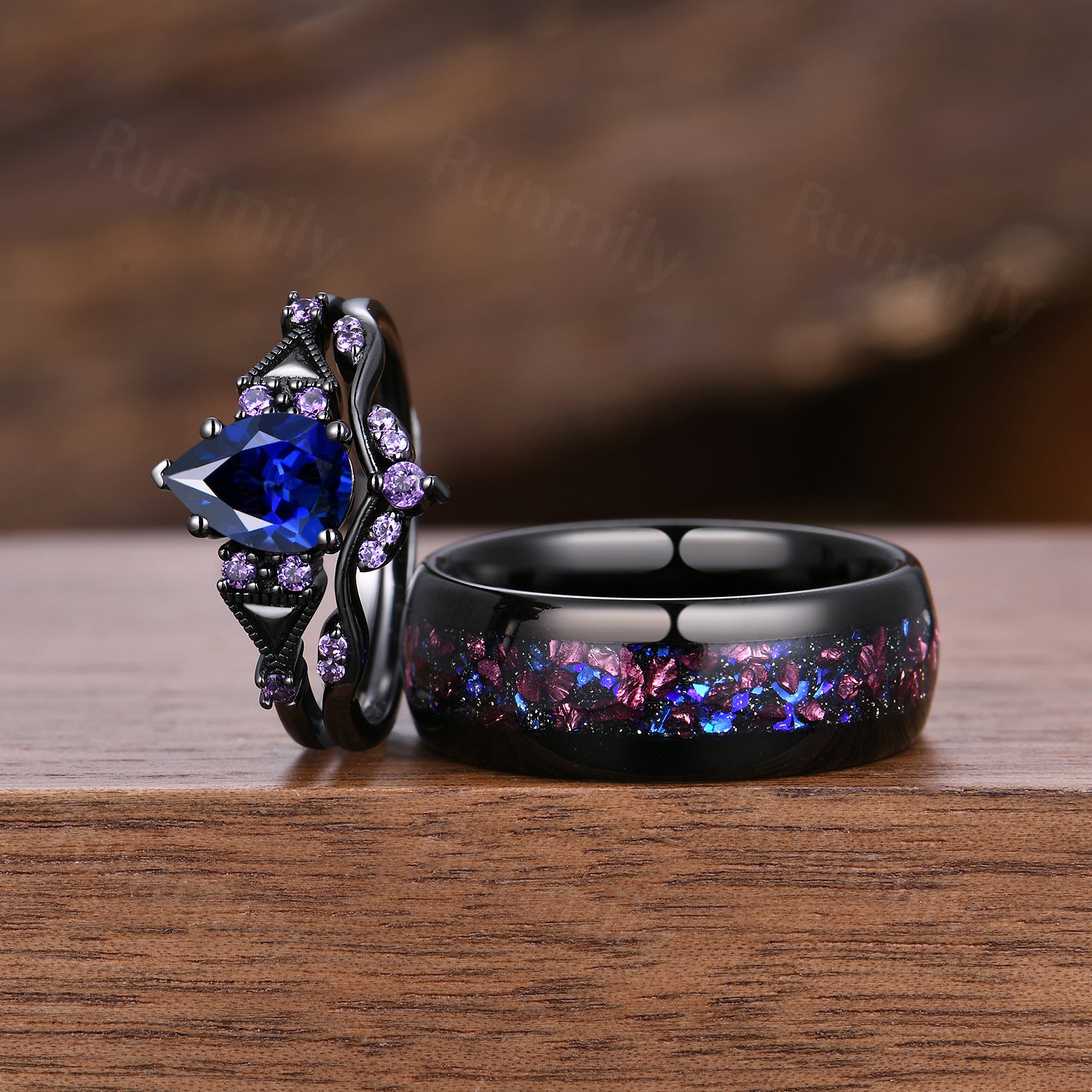 Blue Sapphire & Amethyst Couple Ring Set: Black Gold Wedding Bands, Anniversary Promise Rings