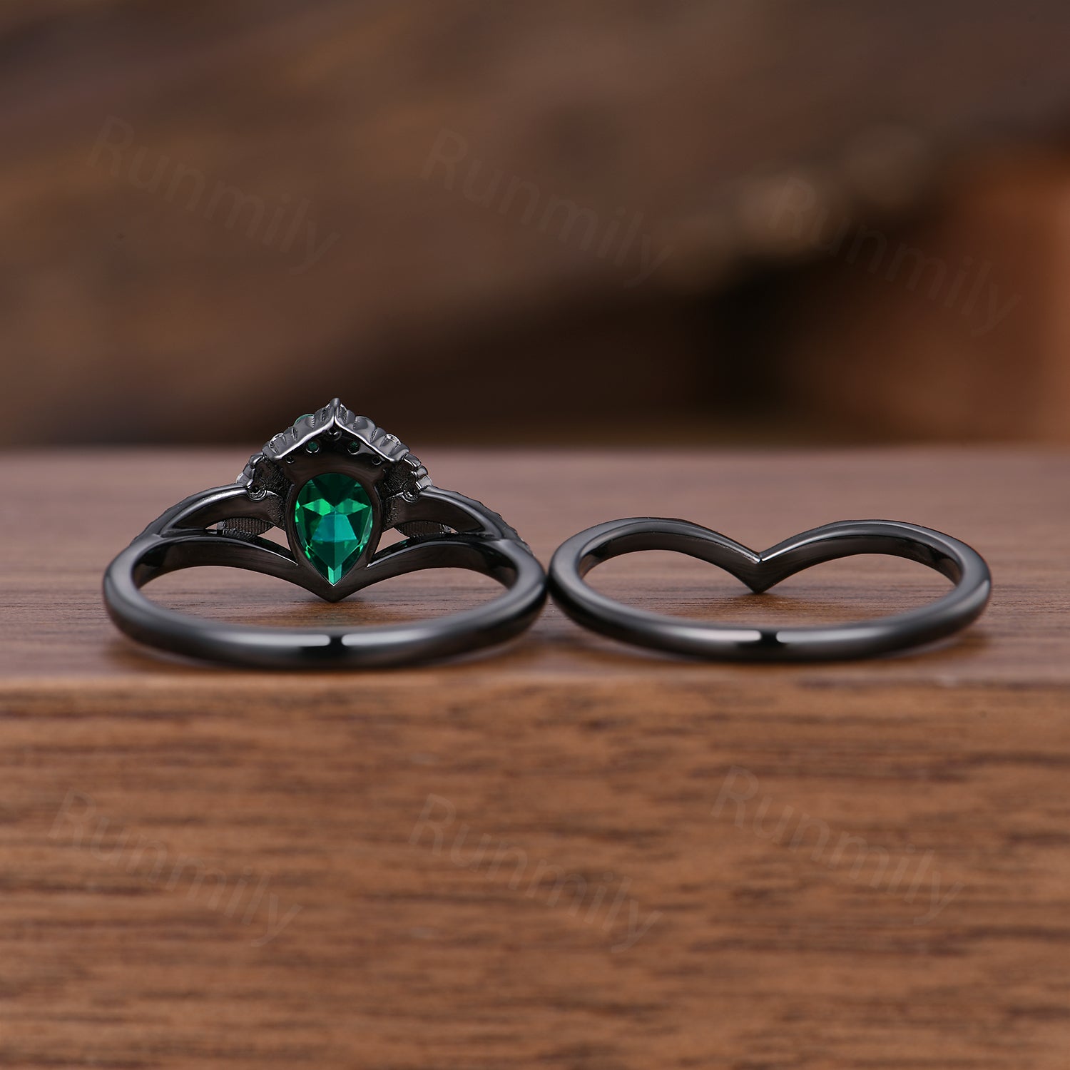 Art Deco Pear Emerald Engagement Ring Set Black Gold Rings Vine Leaf Bridal Promise Ring May Anniversary Gift