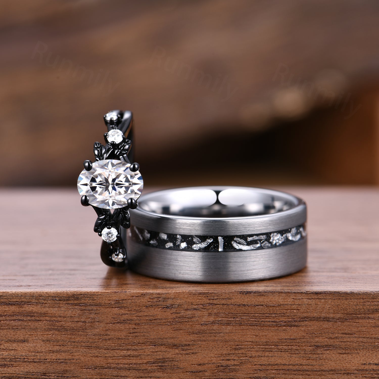 Oval Cut Moissanite Couples Ring Set Unique Vintage Bridal Ring Black Silver & Tungsten His and Hers Wedding Bands Diamond Ring Set
