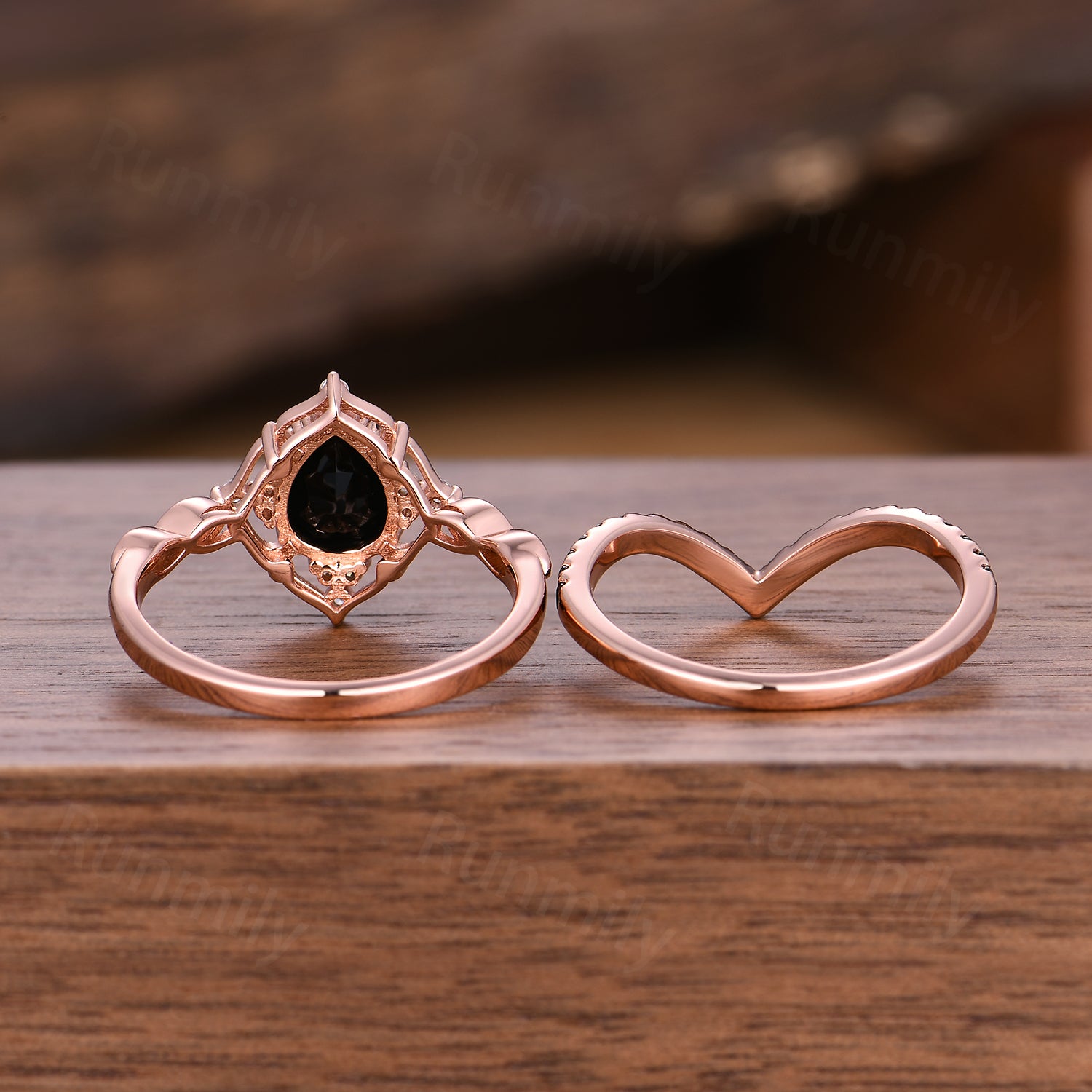 Vintage black onyx engagement ring rose gold ring art deco curved stacking band pear shaped bridal set unique black gemstone wedding set