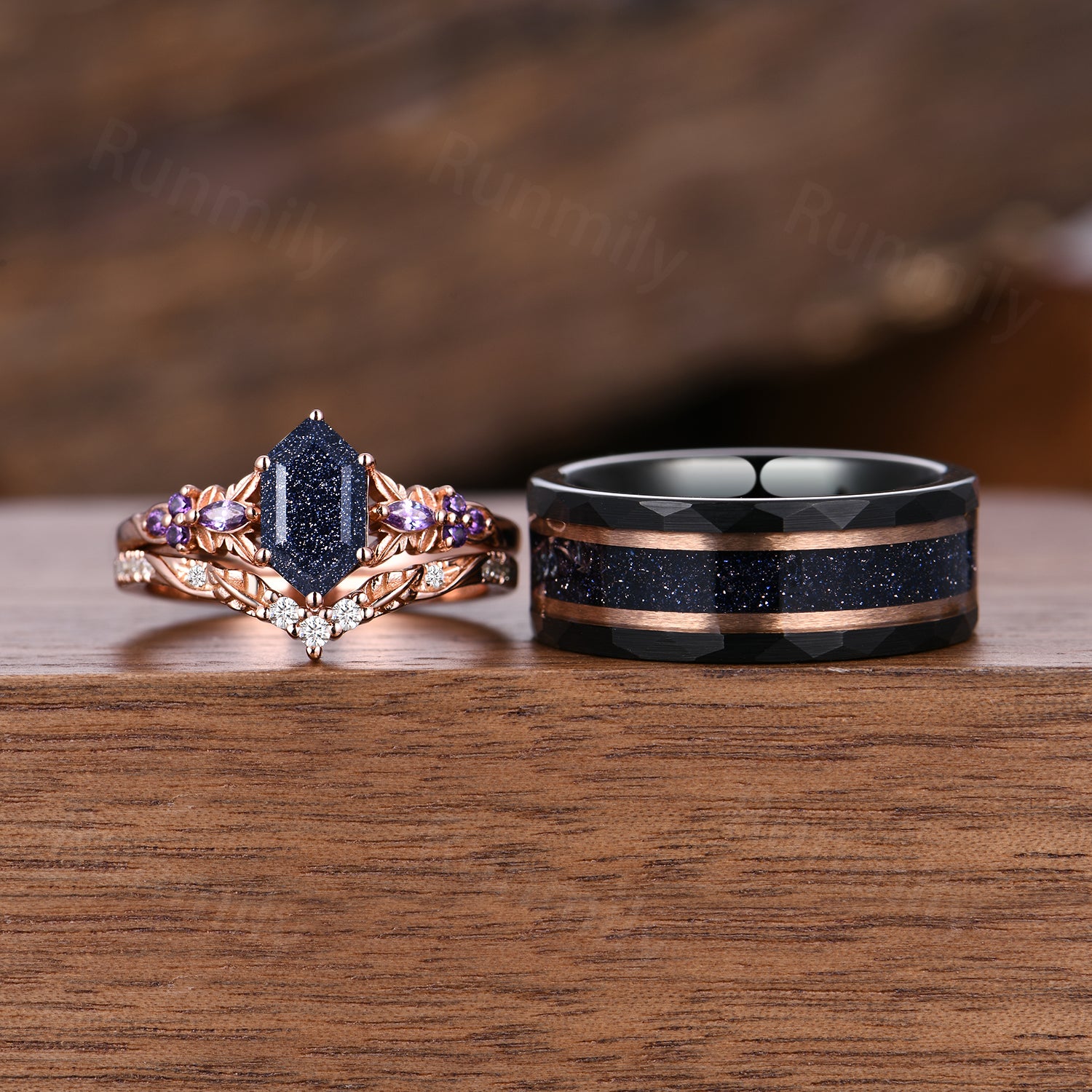 Galaxy Couple Ring Set - Blue Sandstone Women’s Ring & Men’s Matching Band - Unique Promise Ring Set - Rose Gold Rings