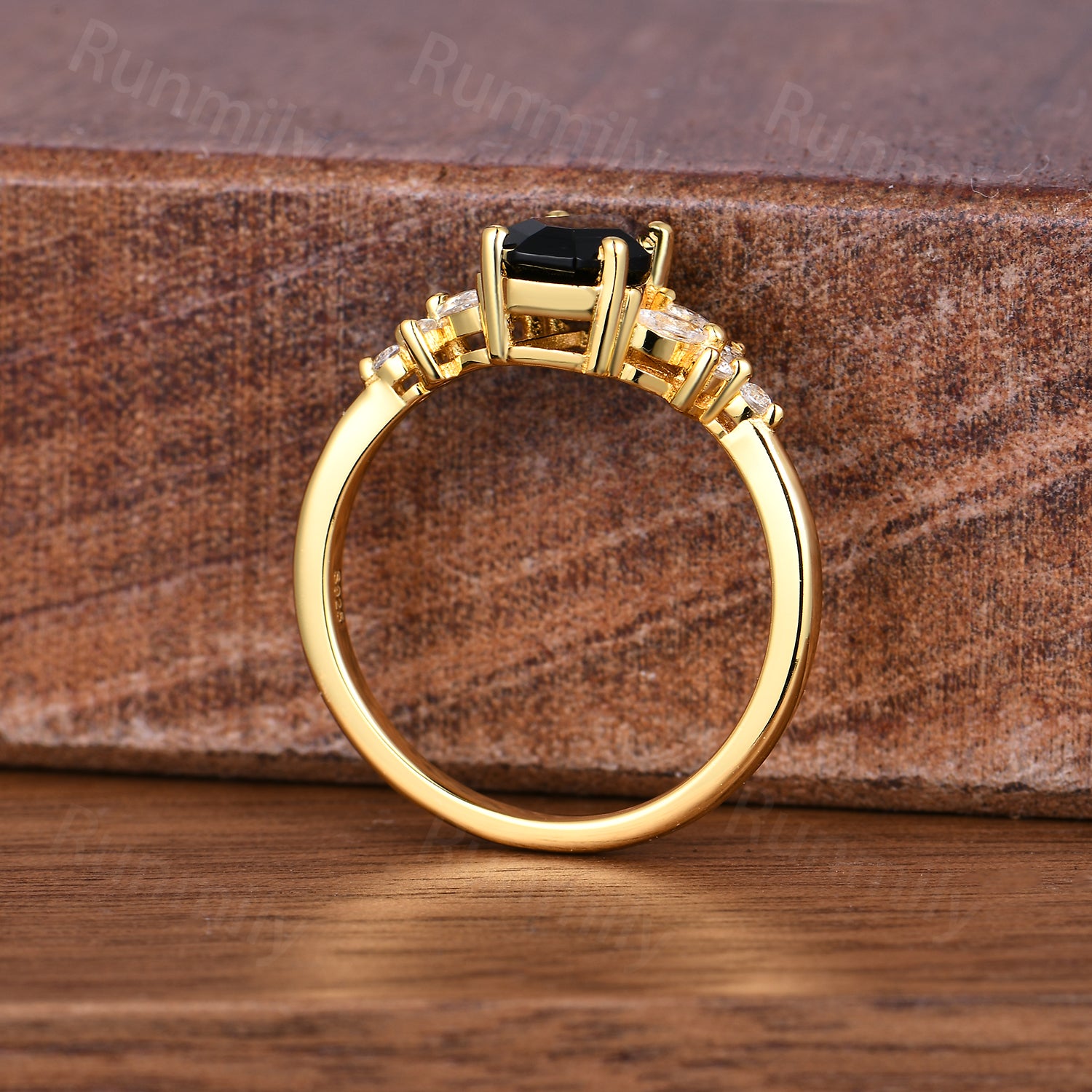 Coffin cut Natural Black Onyx Ring Yellow Gold Engagement Ring For Women Moissanite Cluster Wedding Ring Unique Promise Anniversary Ring