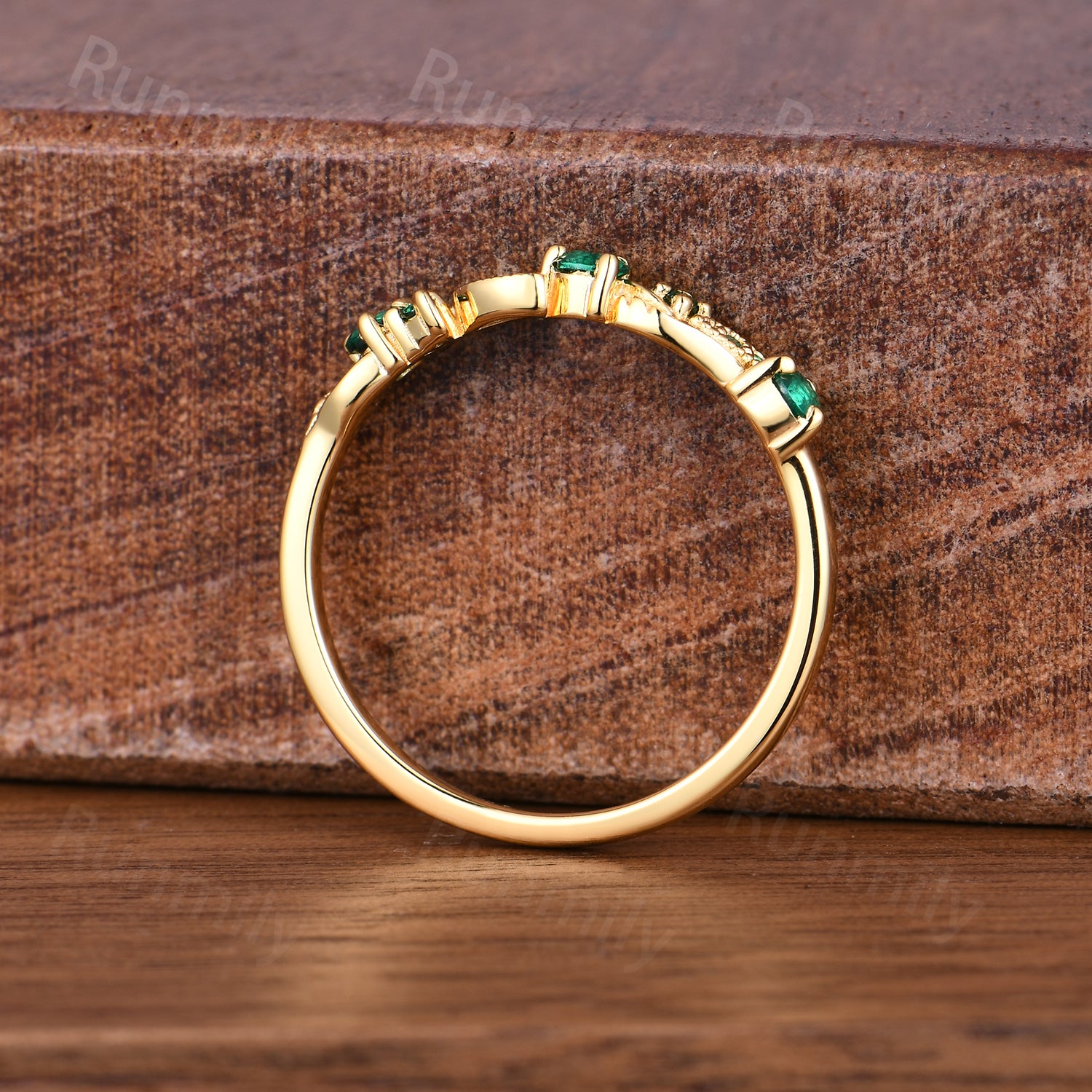 Vintage Emerald Wedding Band Dainty Leaf Inspired Ring May Birthstone Anniversary Ring Gift For Women