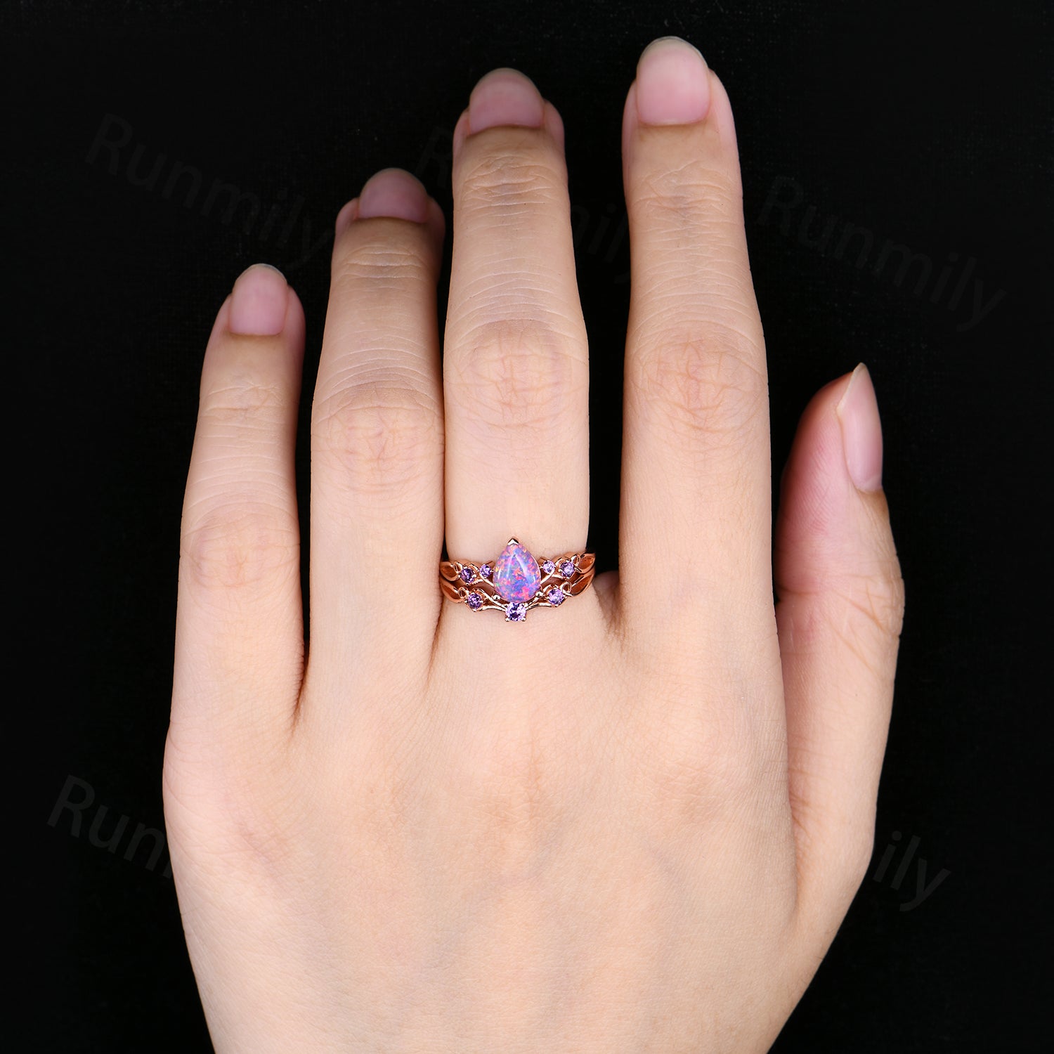 Lavender Opal Amethyst Wedding Ring Set Pear Shaped Purple Opal Engagement Ring Rose Gold Celtic Knot Bridal Ring Set