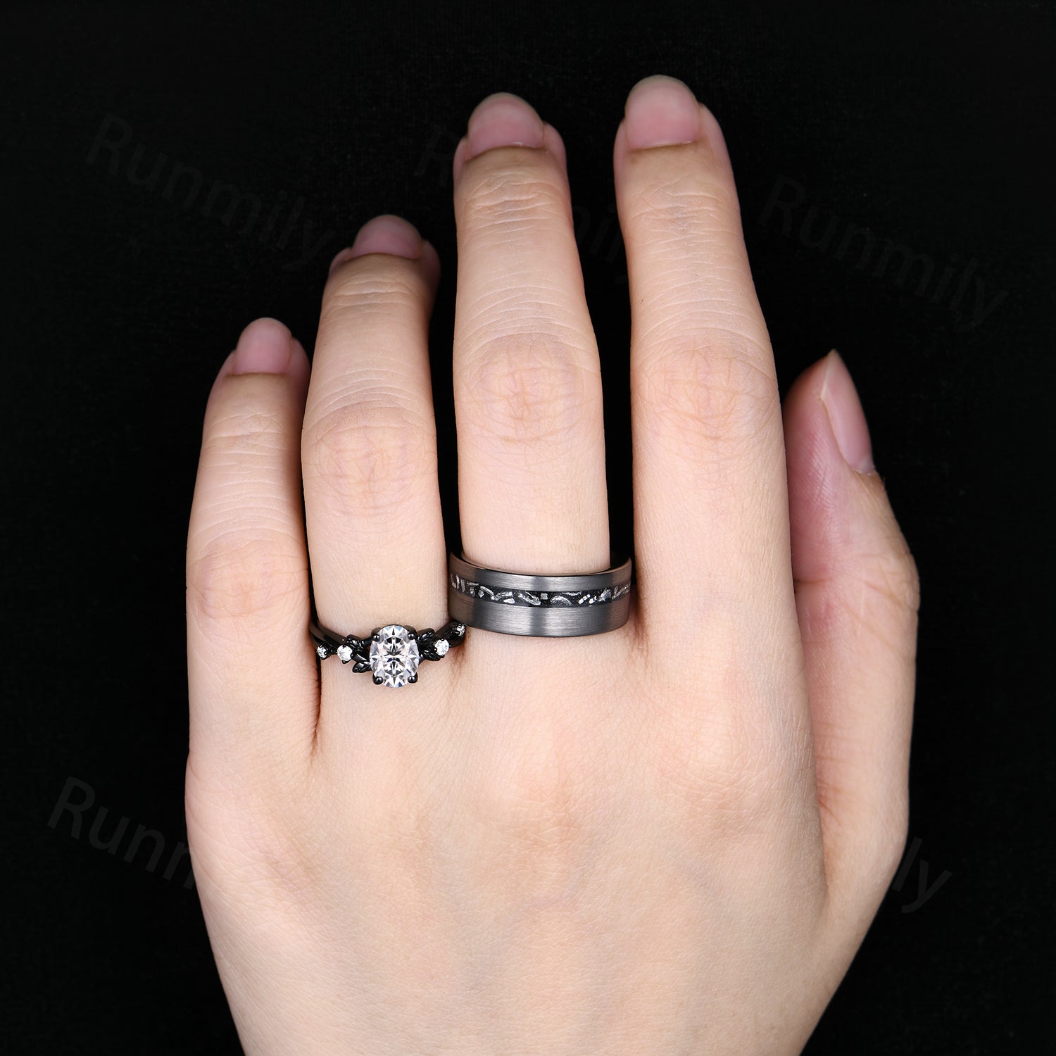 Oval Cut Moissanite Couples Ring Set Unique Vintage Bridal Ring Black Silver & Tungsten His and Hers Wedding Bands Diamond Ring Set