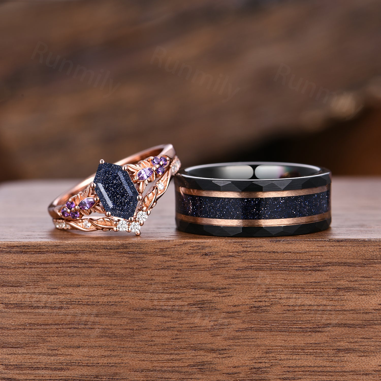 Galaxy Couple Ring Set - Blue Sandstone Women’s Ring & Men’s Matching Band - Unique Promise Ring Set - Rose Gold Rings