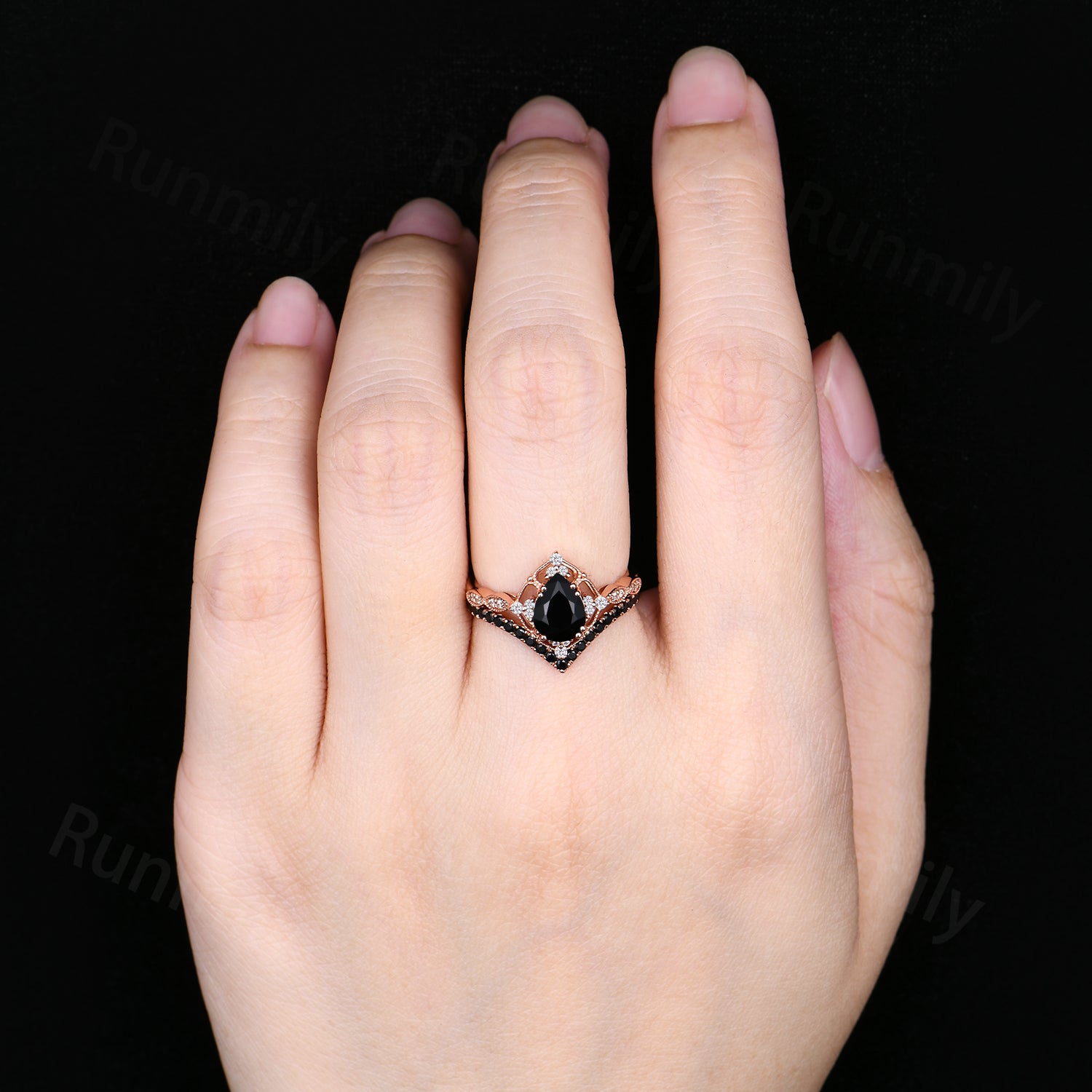 Vintage black onyx engagement ring rose gold ring art deco curved stacking band pear shaped bridal set unique black gemstone wedding set