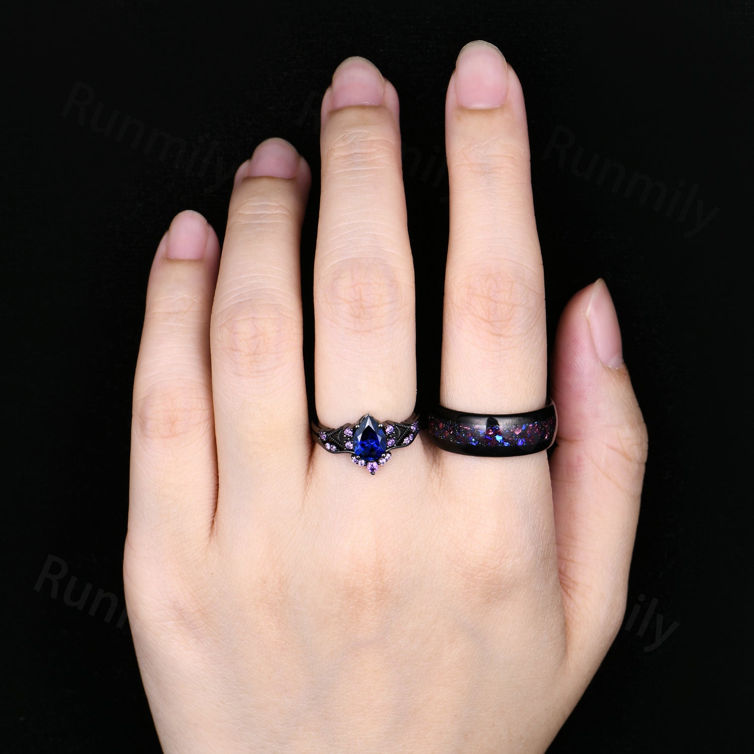 Blue Sapphire & Amethyst Couple Ring Set: Black Gold Wedding Bands, Anniversary Promise Rings