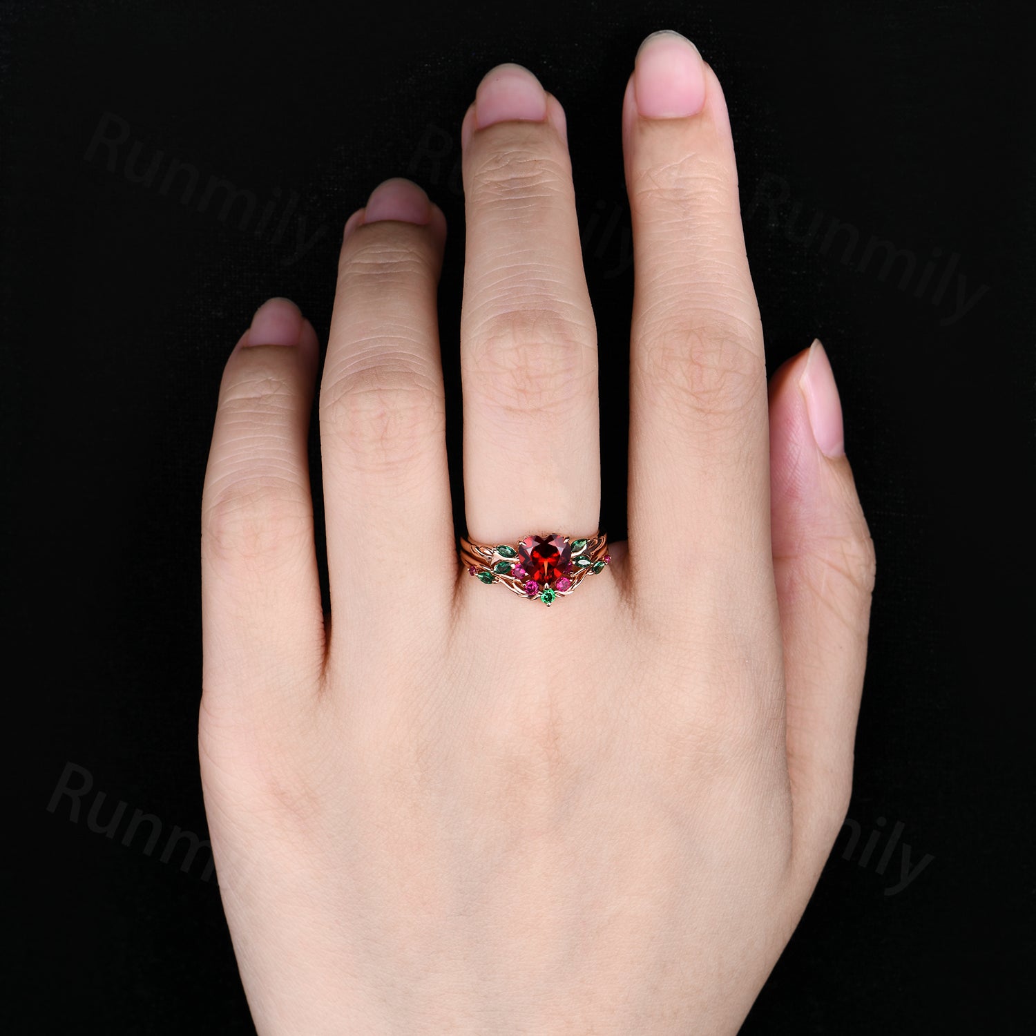 Heart shaped Garnet engagement ring set women 14k rose gold emerald ruby branch leaf cluster wedding band promise ring for her