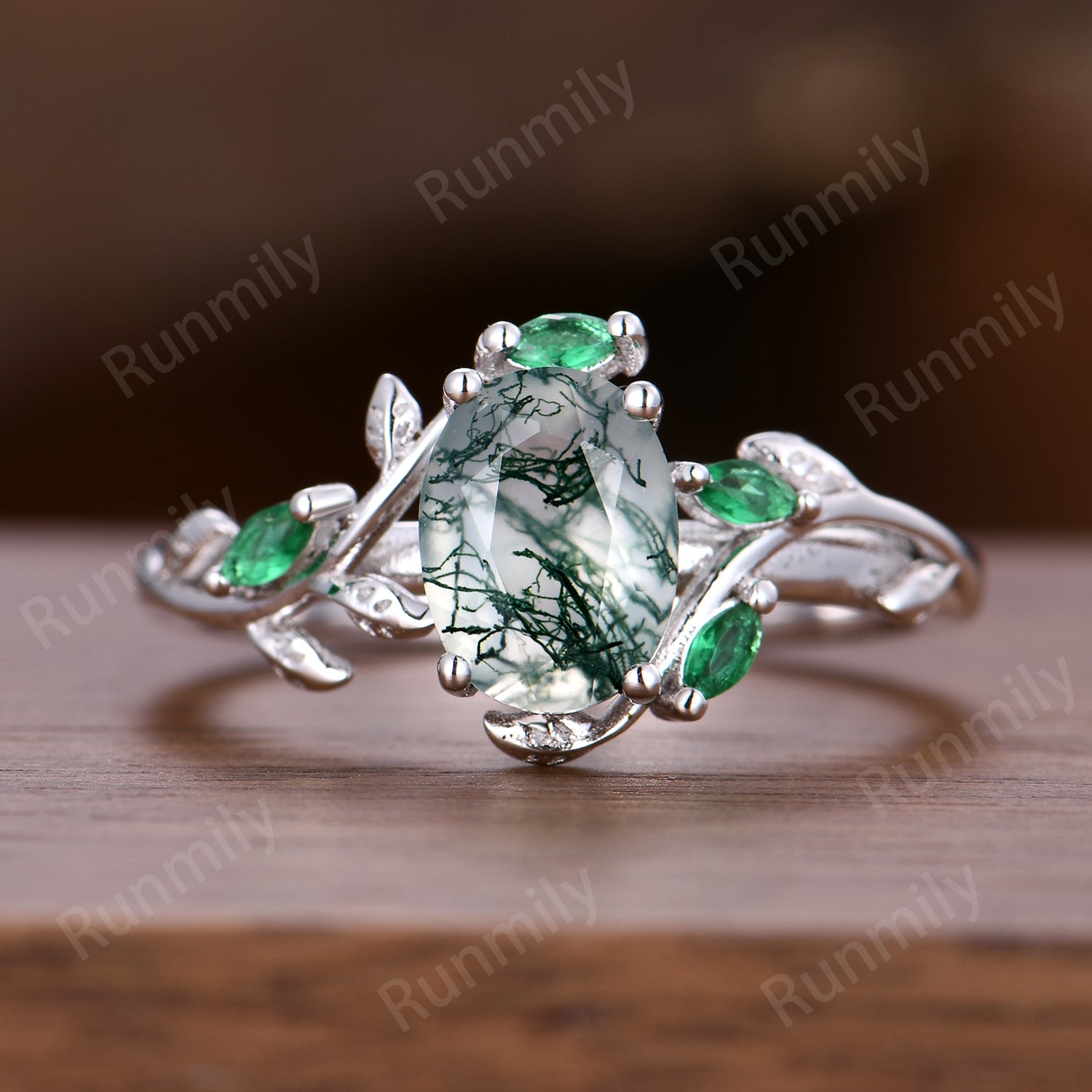 Moss Agate Emerald Engagement Ring Oval Cut Branch Ring Green Stones Bridal Promise Rings