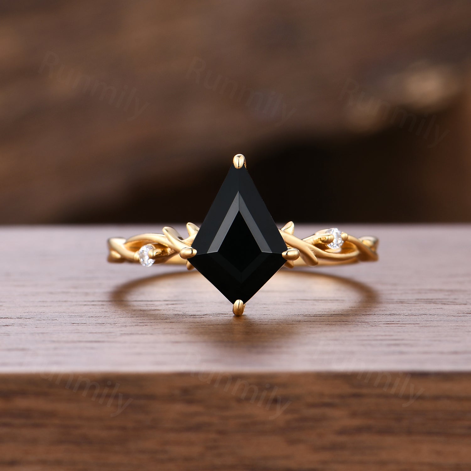 Kite Cut Black Onyx Wedding Ring Set Unique Twig Twist Moissanite Stacking Bridal Ring Art Deco Promise Anniversary Ring Yellow Gold Rings