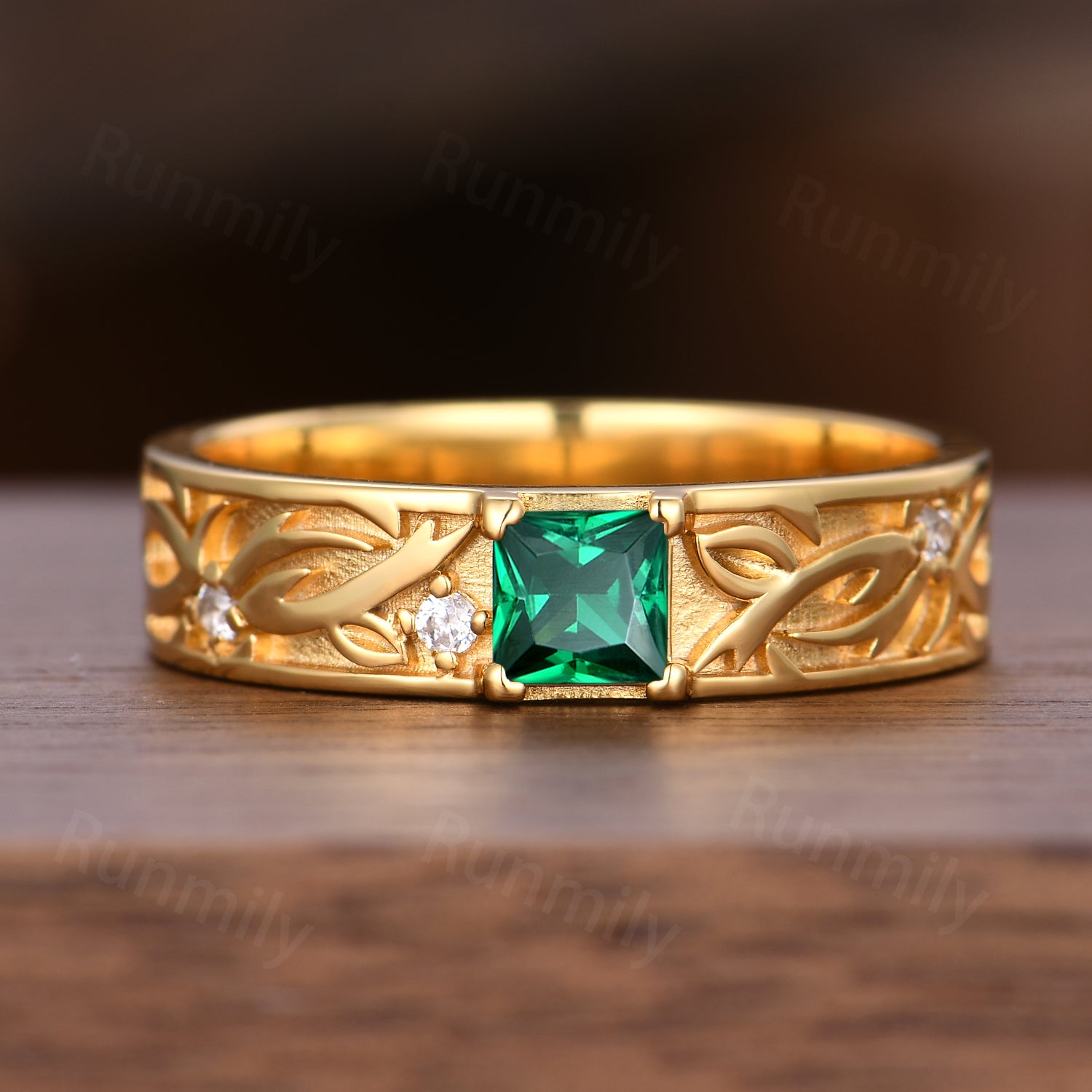 Princess Cut Green Emerald Engagement Ring Green Gemstone Ring For Men Solid 14K Gold Ring Nature Inspired Ring Mens Gold Ring
