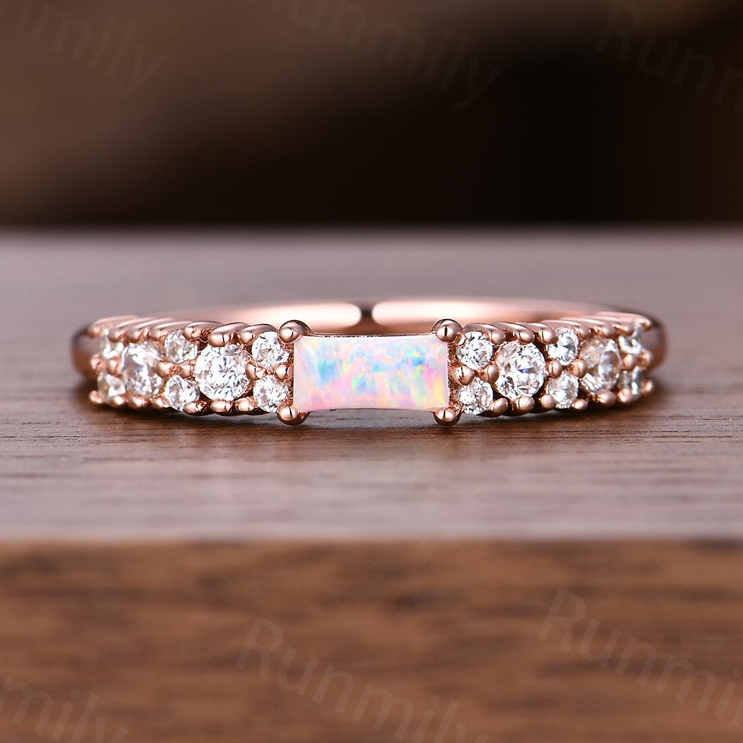 Vintage Baguette Opal Wedding Band Unique Moissanite Cluster Stackable Ring Anniversary Art Deco Rose Gold Wedding Band