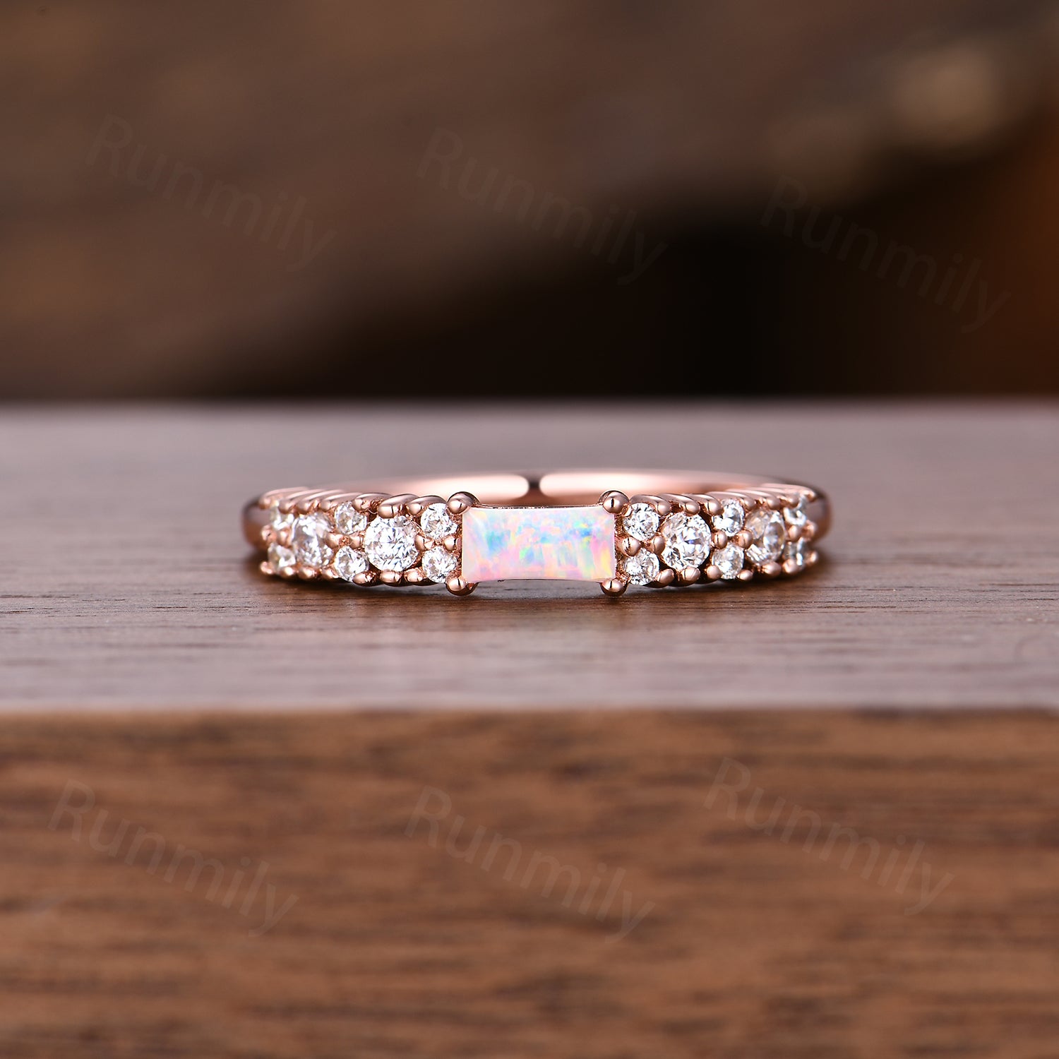Vintage Baguette Opal Wedding Band Unique Moissanite Cluster Stackable Ring Anniversary Art Deco Rose Gold Wedding Band