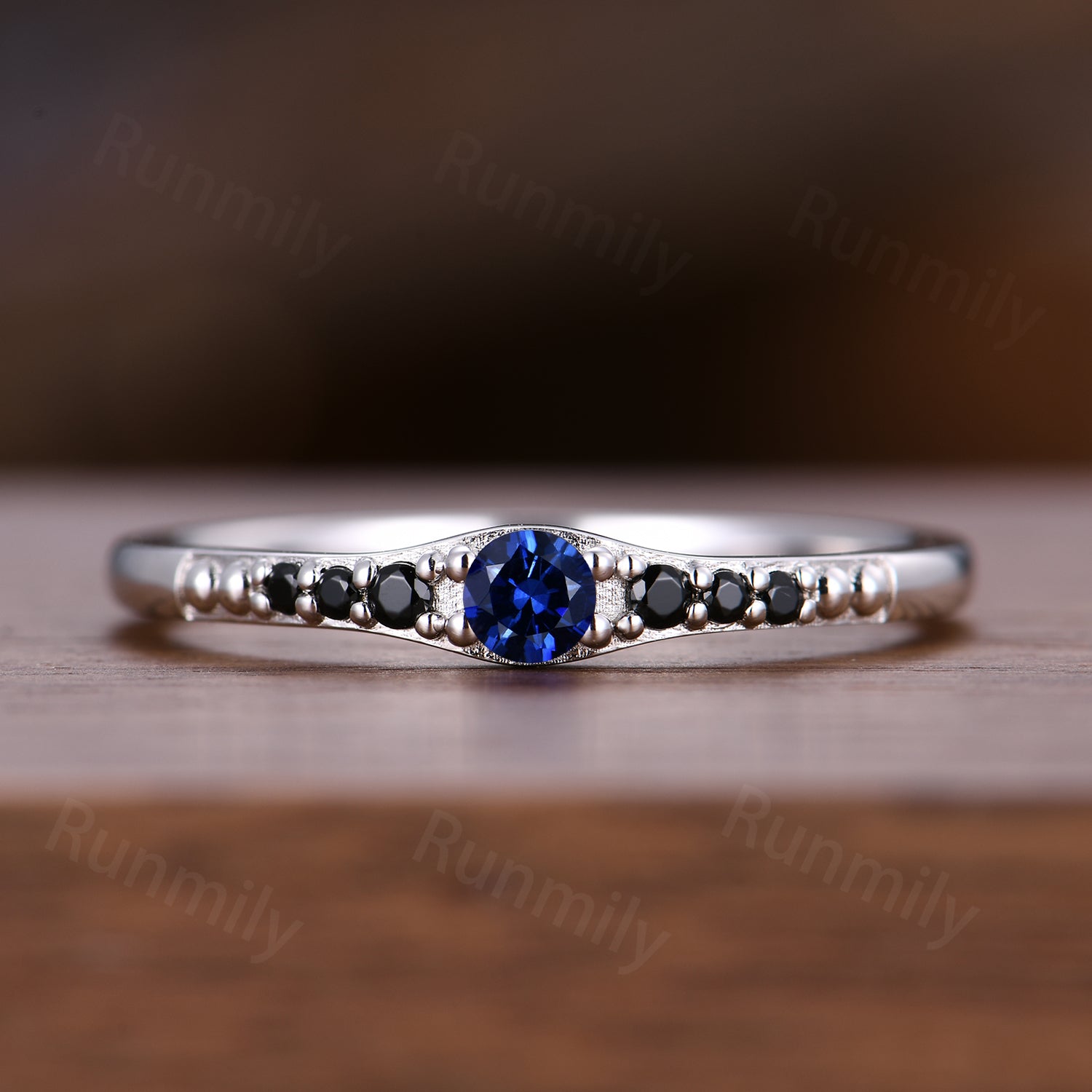 Dainty Blue Sapphire Wedding Band Sterling Silver Black Spinel Wedding Ring Art Deco Matching Stacking Band Anniversary Gift for Her