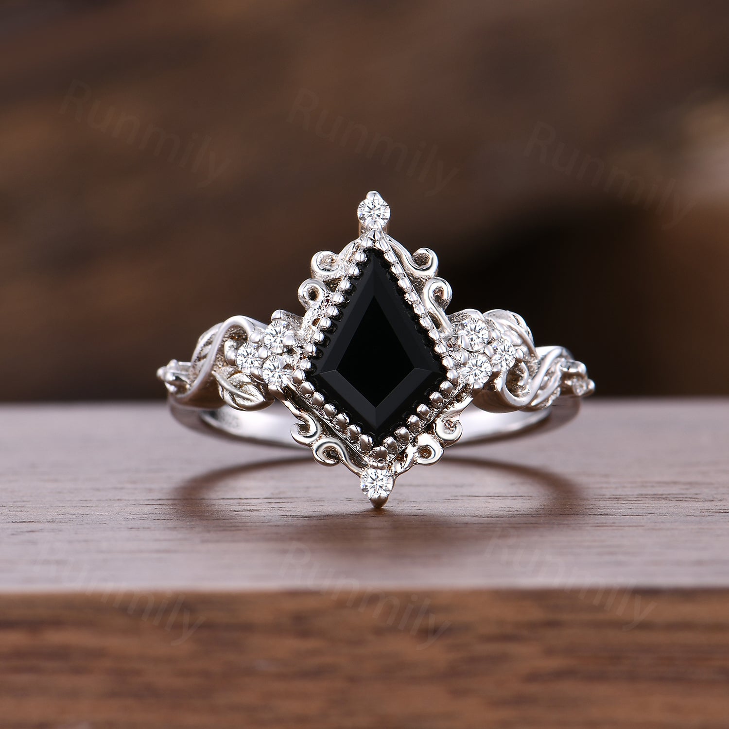 Vintage Kite Cut Black Onyx Engagement Ring, Sterling Silver Twig & Moissanite