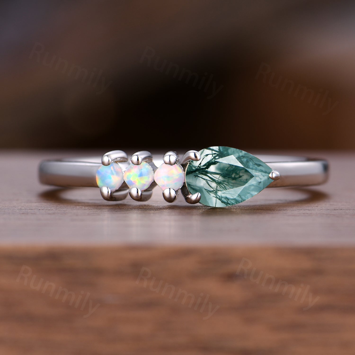 Moss agate opal wedding ban, pear cut wedding ring, art deco custom matching band, two gemstones anniversary ring Women