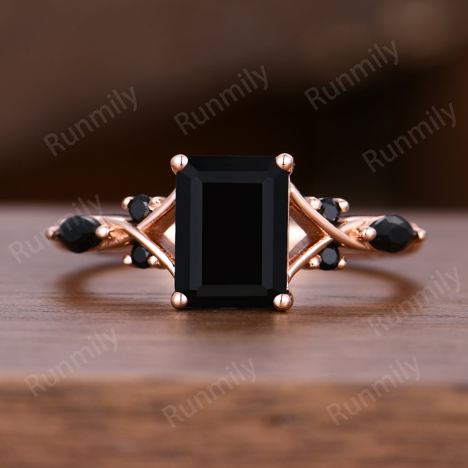 Emerald Cut Black Onyx Engagement Ring Rose Gold Ring Unique Black Onyx Twisted Band Ring Bridal Promise Ring