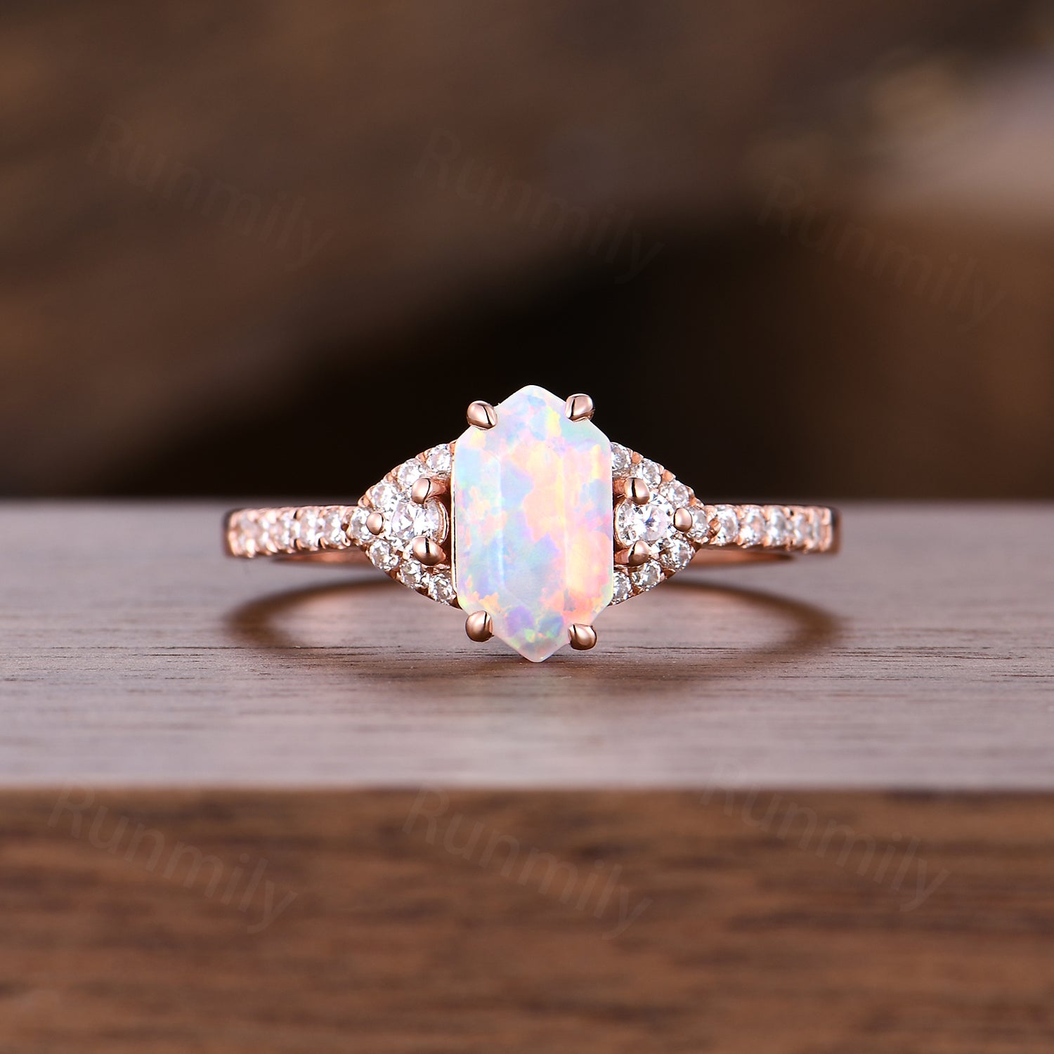 Unique Hexagon Opal Engagement Ring Set, Art Deco Moissanite Wedding Ring Set, October Birthstone Jewelry
