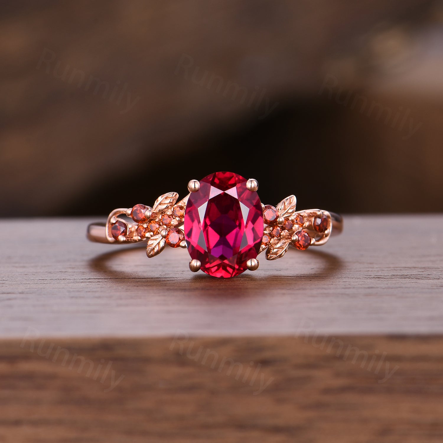 Nature Inspired Ruby Garnet Ring Set, Oval Ruby Engagement Ring, Unique Twig Leaf Garnet Wedding Anniversary Ring