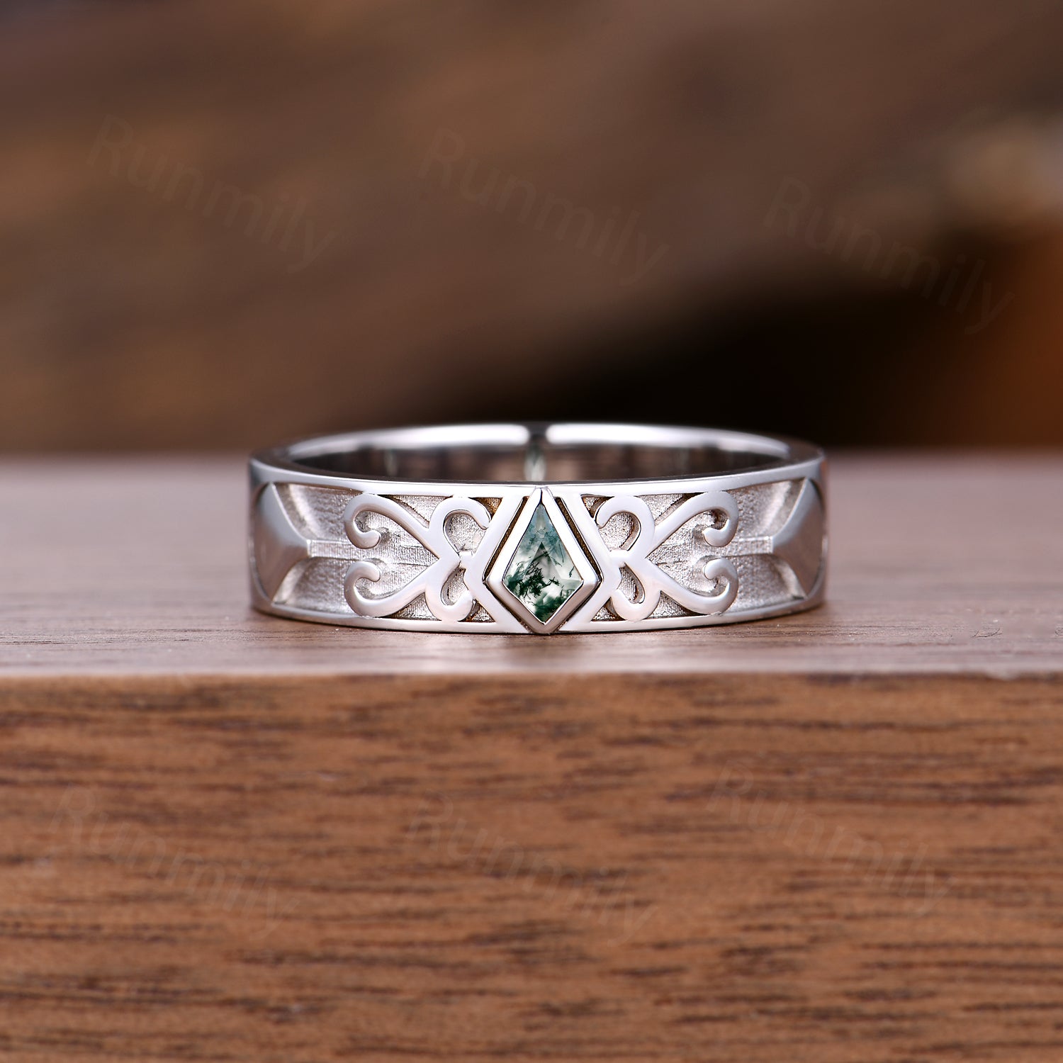 Celtic Moss Agate Mens Wedding Band Kite Cut Engagement Ring For Mens Stacking Wedding Ring His Anniversary Promise Ring