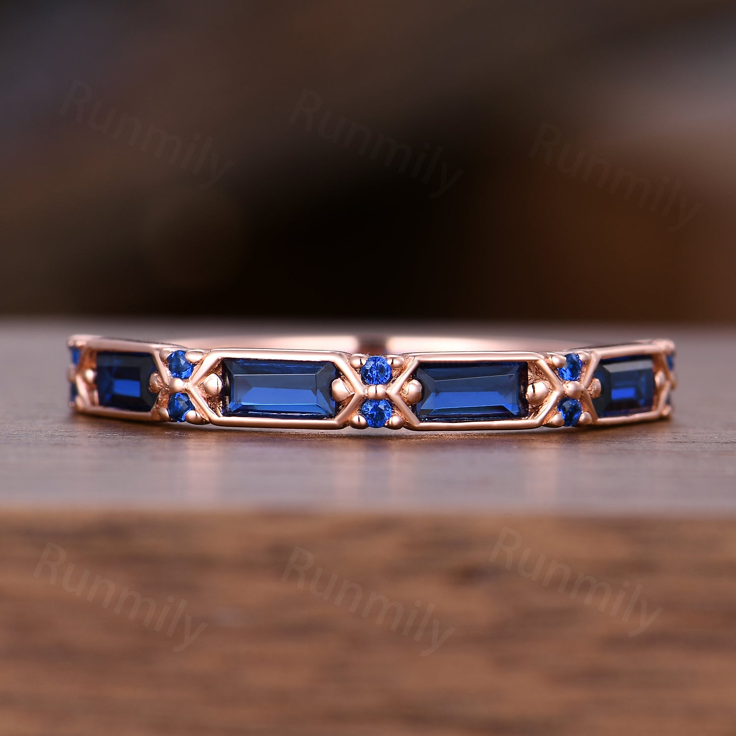 Antique Blue Sapphire Wedding Band Rose Gold Half Eternity Band Baguette Cut Blue Gemstone Ring Unique Stacking Ring Art Deco Sapphire Ring