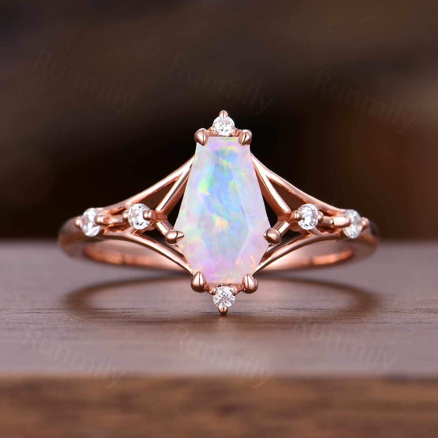 Coffin Cut White Opal Engagement Ring Rose Gold Ring Art Deco Curved Stacking Band Vintage Bridal Ring Unique Moissanite Wedding Set