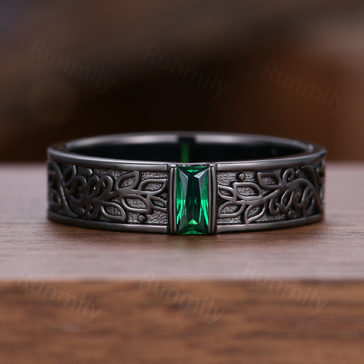 Emerald Mens Wedding Band Gothic Baguette Cut Band Art Deco Leaf Design Unique Black Gold Mens Stacking Band Gift For Him