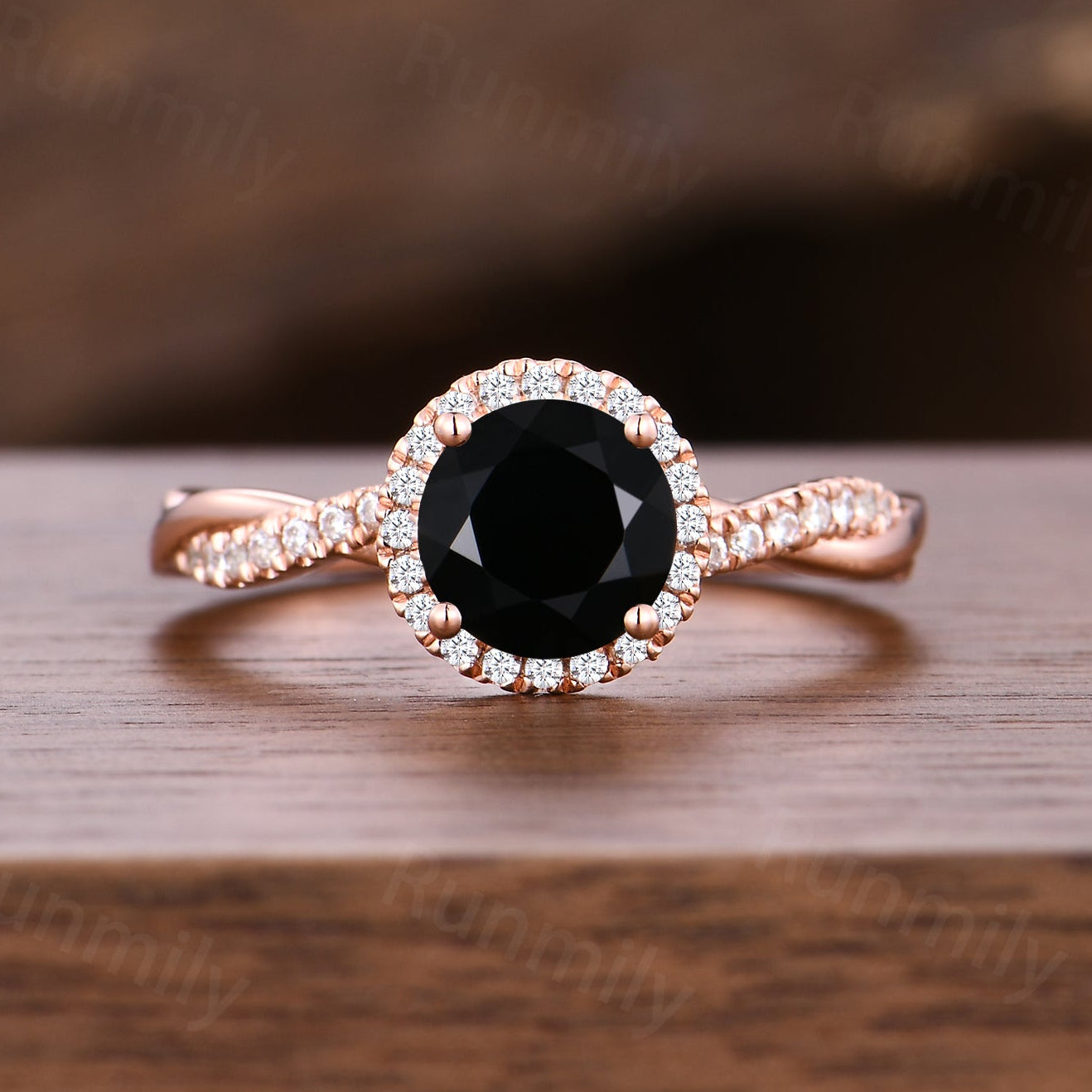 6.5mm Round Black Onyx Engagement Ring Unique Twisted Moissanite Wedding Ring Rose Gold Halo Engagement Ring Promise Gift