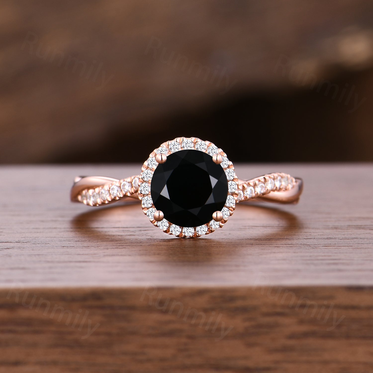 6.5mm Round Black Onyx Engagement Ring Unique Twisted Moissanite Wedding Ring Rose Gold Halo Engagement Ring Promise Gift