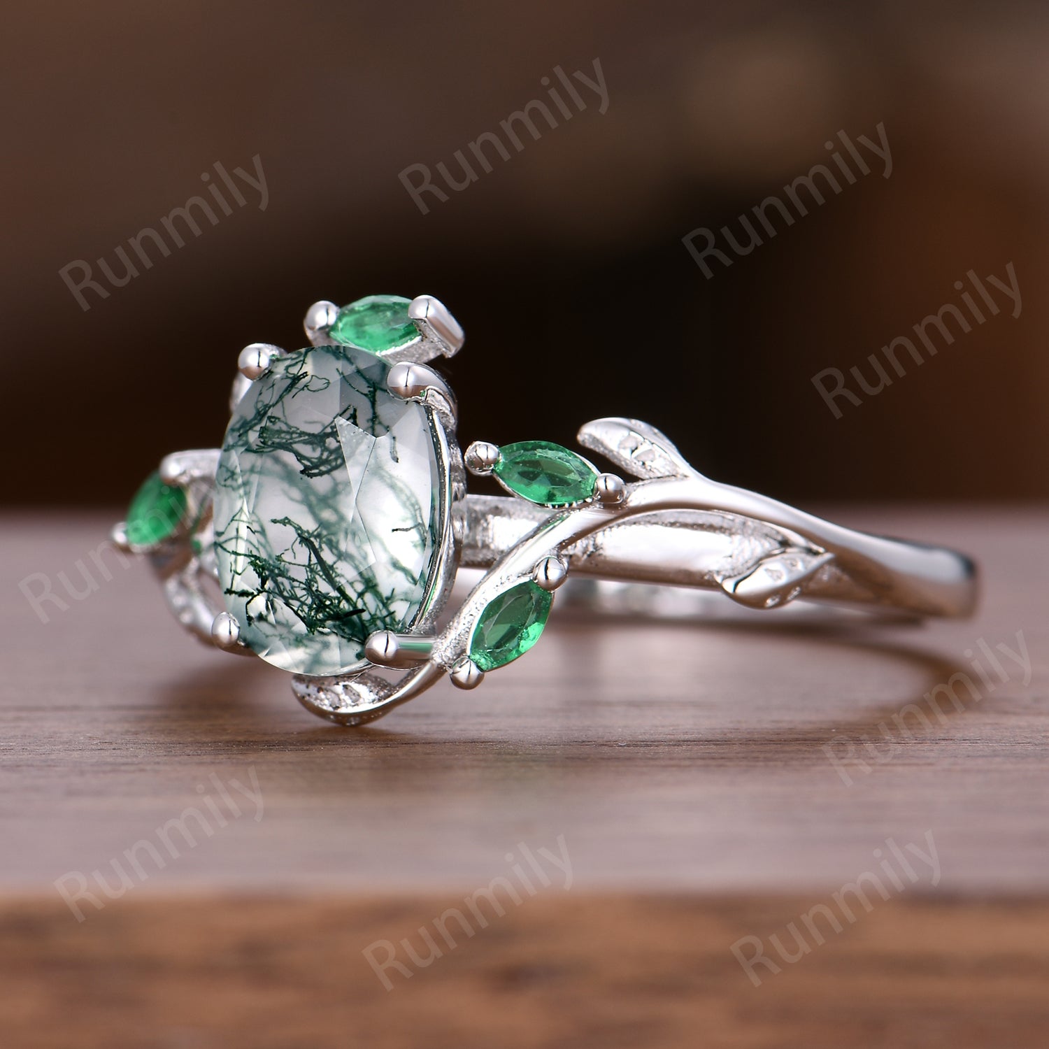 Moss Agate Emerald Engagement Ring Oval Cut Branch Ring Green Stones Bridal Promise Rings