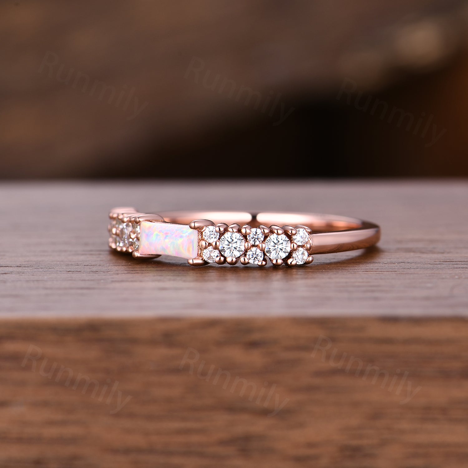 Vintage Baguette Opal Wedding Band Unique Moissanite Cluster Stackable Ring Anniversary Art Deco Rose Gold Wedding Band