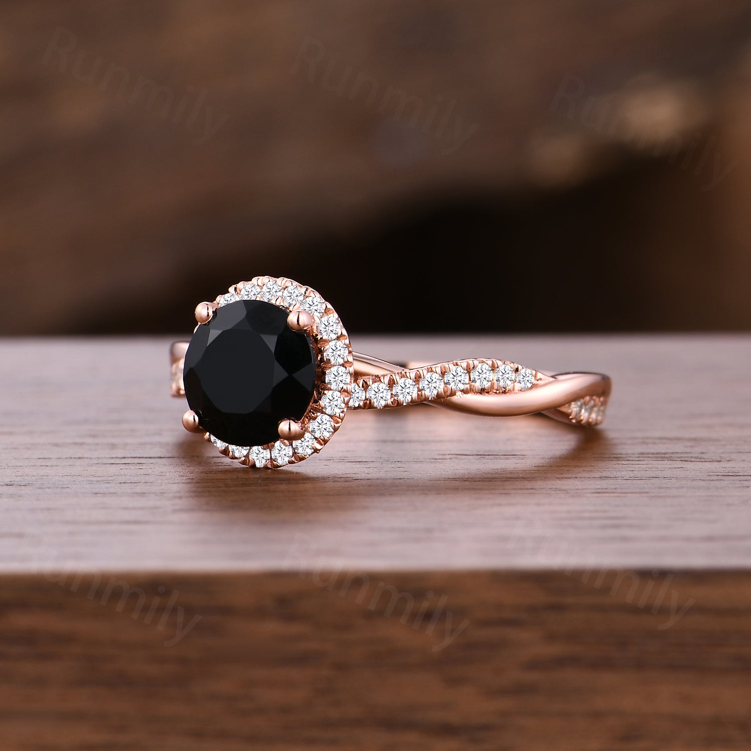 6.5mm Round Black Onyx Engagement Ring Unique Twisted Moissanite Wedding Ring Rose Gold Halo Engagement Ring Promise Gift
