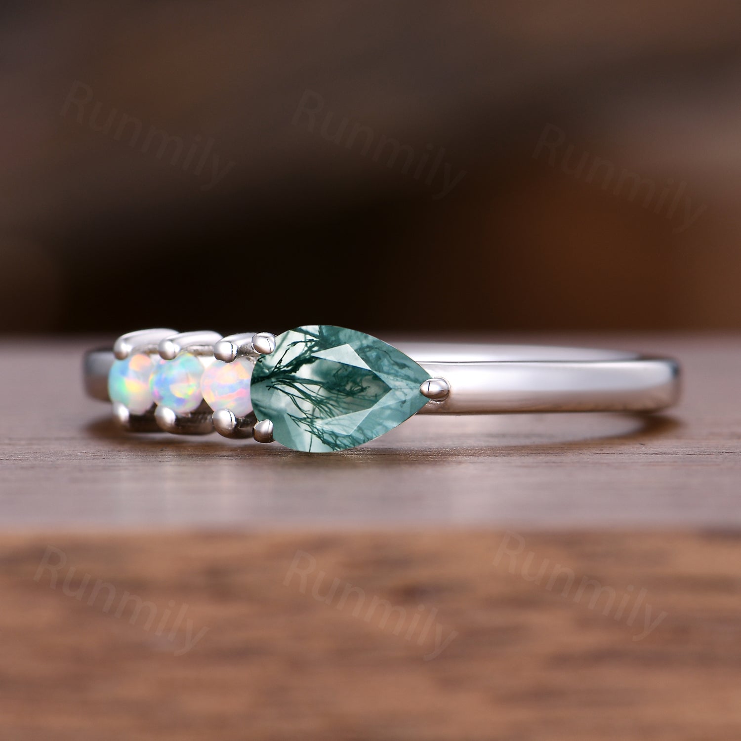 Moss agate opal wedding ban, pear cut wedding ring, art deco custom matching band, two gemstones anniversary ring Women