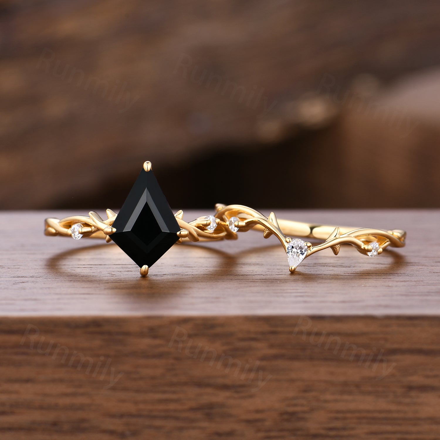 Kite Cut Black Onyx Wedding Ring Set Unique Twig Twist Moissanite Stacking Bridal Ring Art Deco Promise Anniversary Ring Yellow Gold Rings