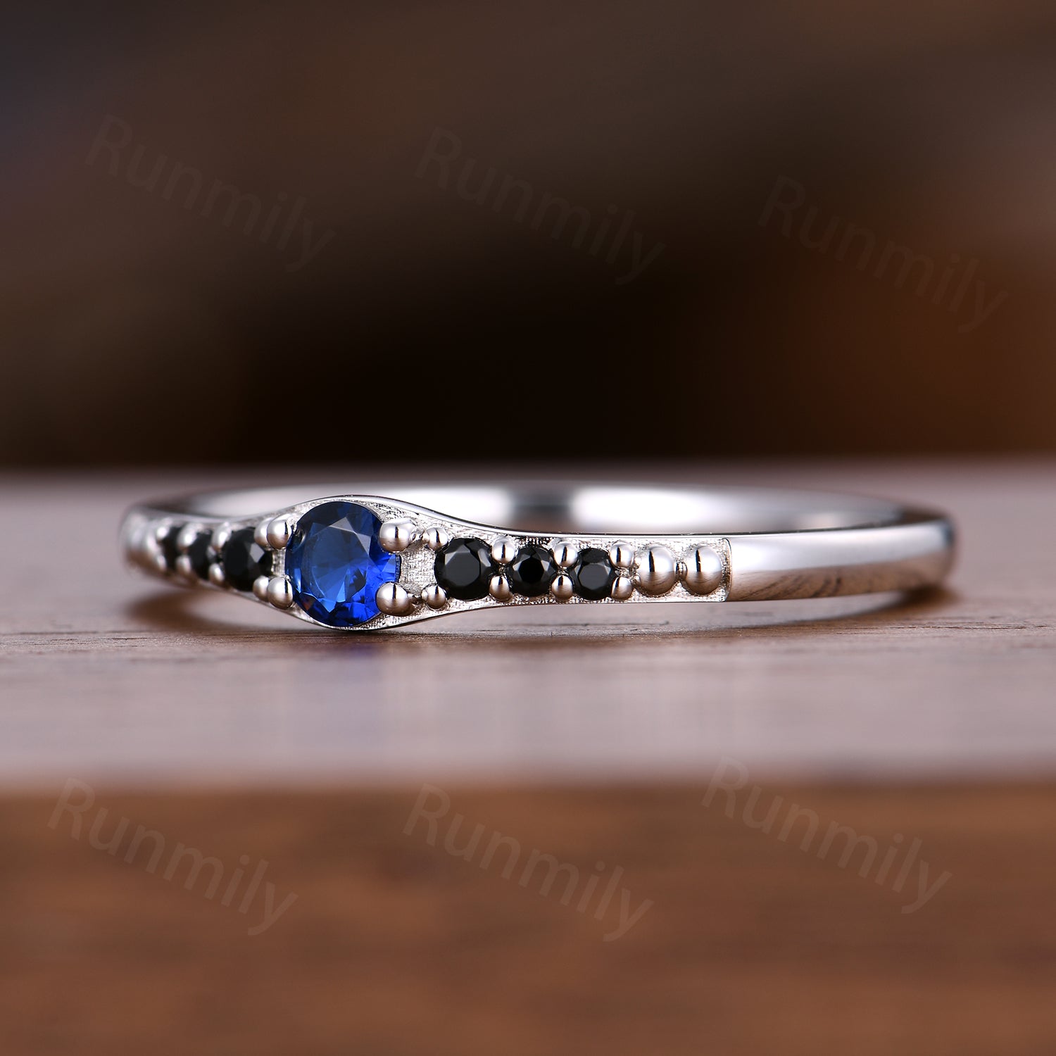 Dainty Blue Sapphire Wedding Band Sterling Silver Black Spinel Wedding Ring Art Deco Matching Stacking Band Anniversary Gift for Her