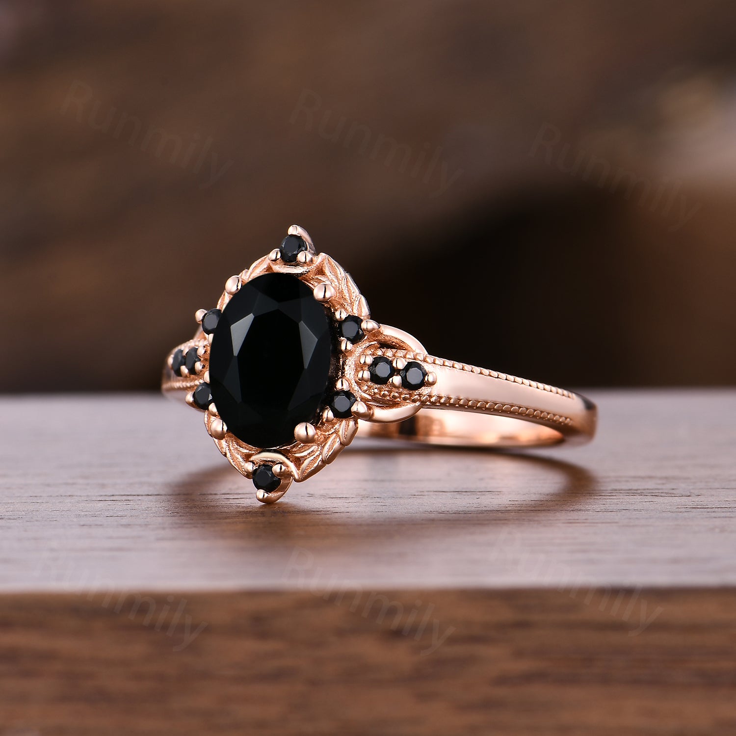 Antique Oval Black Onyx Ring, 14k Rose Gold Vintage Promise Ring