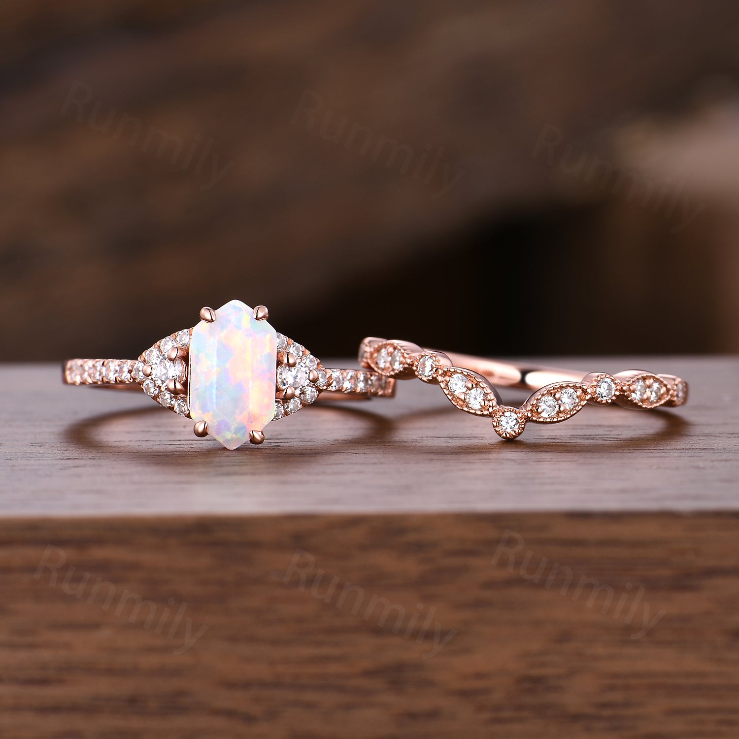 Unique Hexagon Opal Engagement Ring Set, Art Deco Moissanite Wedding Ring Set, October Birthstone Jewelry