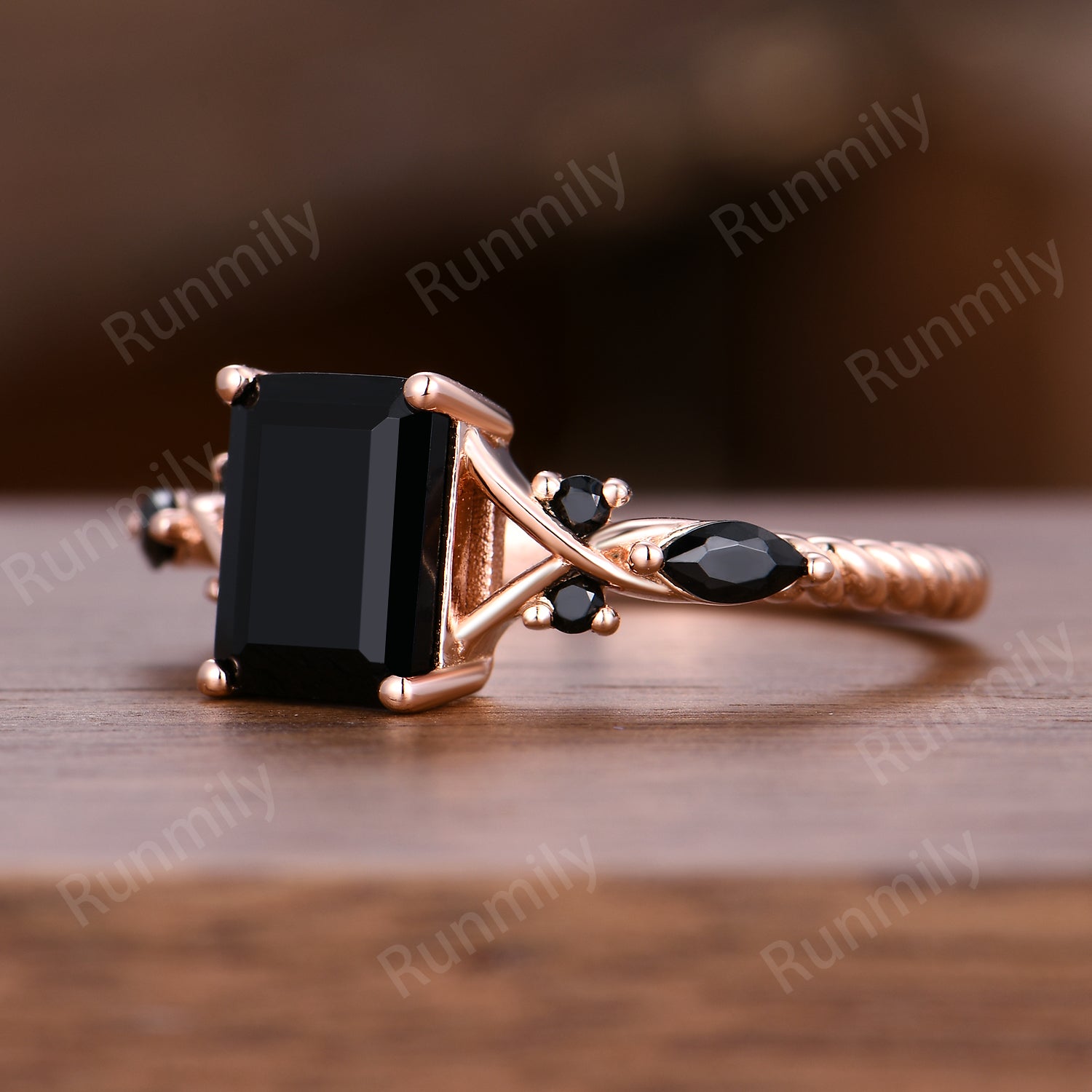 Emerald Cut Black Onyx Engagement Ring Rose Gold Ring Unique Black Onyx Twisted Band Ring Bridal Promise Ring