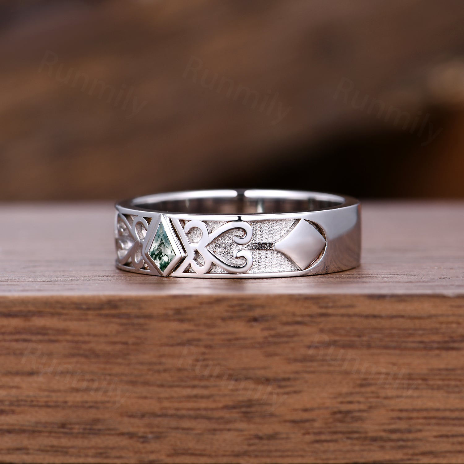 Celtic Moss Agate Mens Wedding Band Kite Cut Engagement Ring For Mens Stacking Wedding Ring His Anniversary Promise Ring