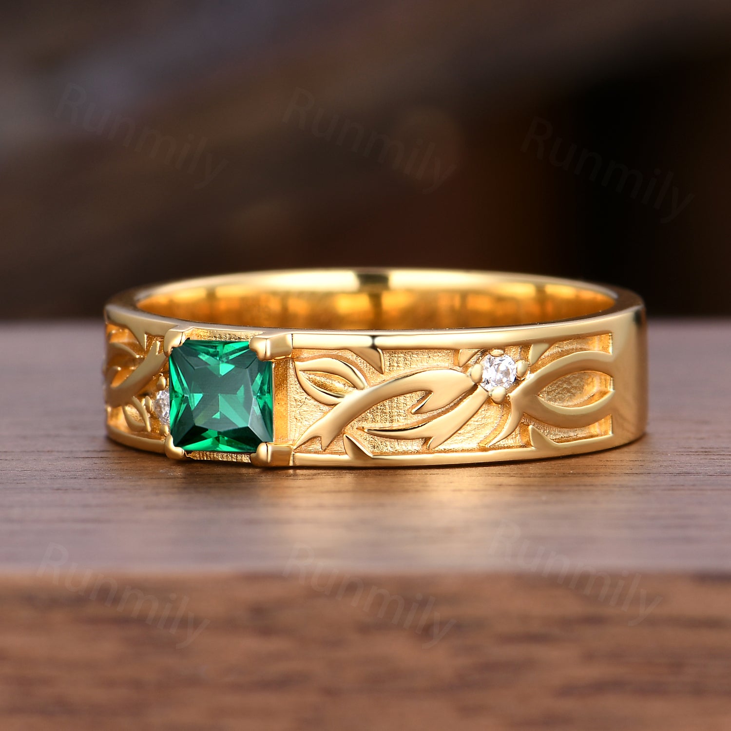 Princess Cut Green Emerald Engagement Ring Green Gemstone Ring For Men Solid 14K Gold Ring Nature Inspired Ring Mens Gold Ring