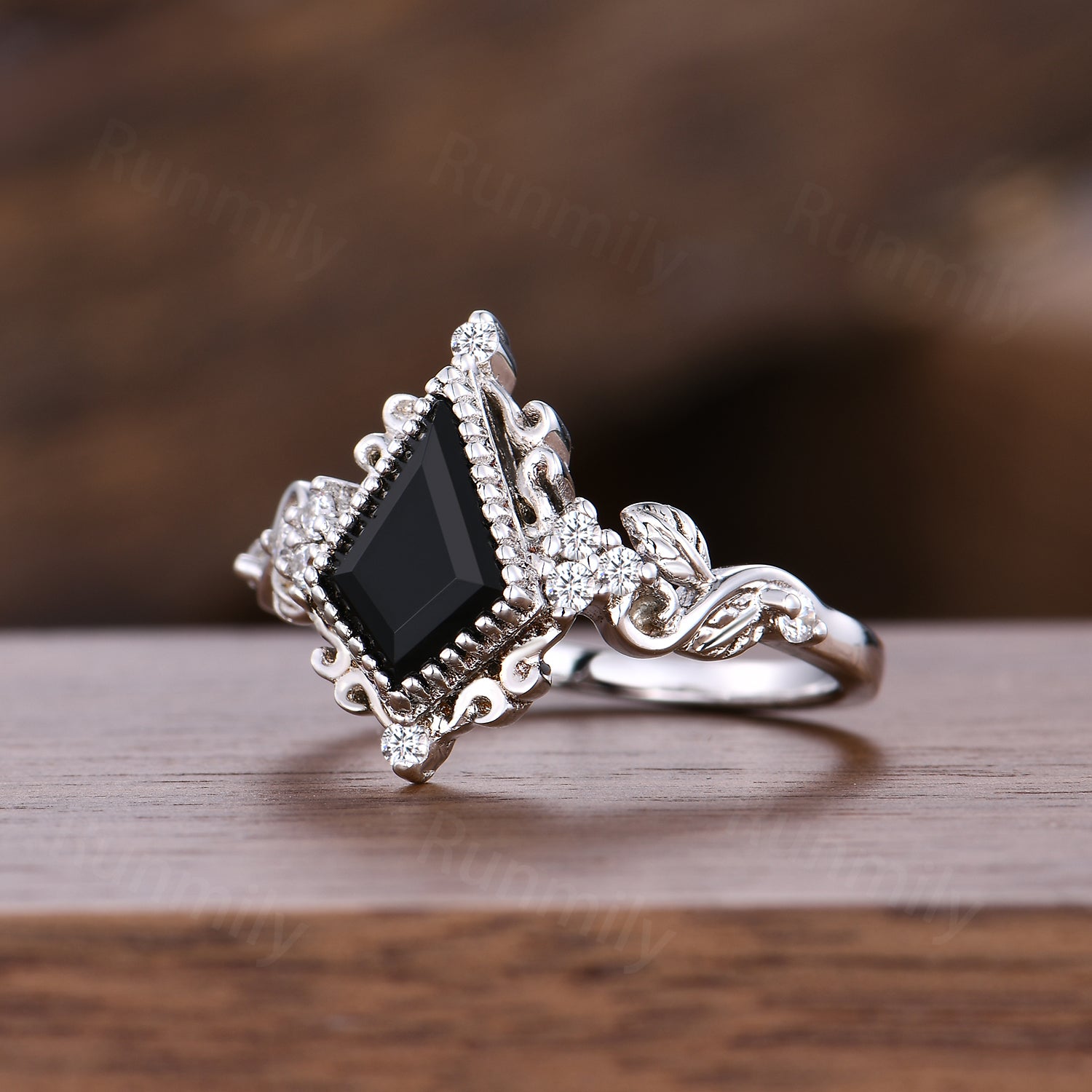 Vintage Kite Cut Black Onyx Engagement Ring, Sterling Silver Twig & Moissanite