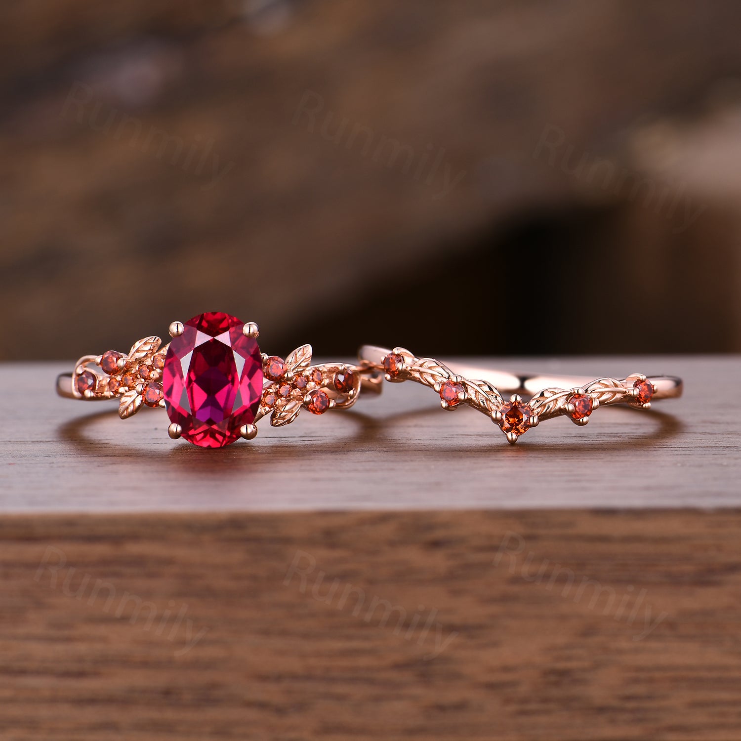 Nature Inspired Ruby Garnet Ring Set, Oval Ruby Engagement Ring, Unique Twig Leaf Garnet Wedding Anniversary Ring