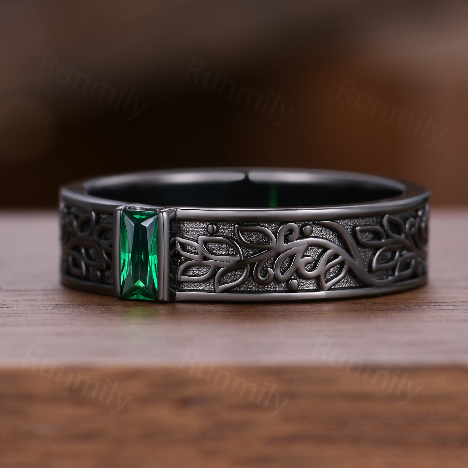 Emerald Mens Wedding Band Gothic Baguette Cut Band Art Deco Leaf Design Unique Black Gold Mens Stacking Band Gift For Him