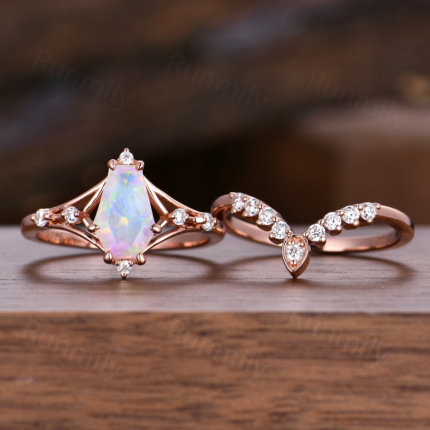 Coffin Cut White Opal Engagement Ring Rose Gold Ring Art Deco Curved Stacking Band Vintage Bridal Ring Unique Moissanite Wedding Set
