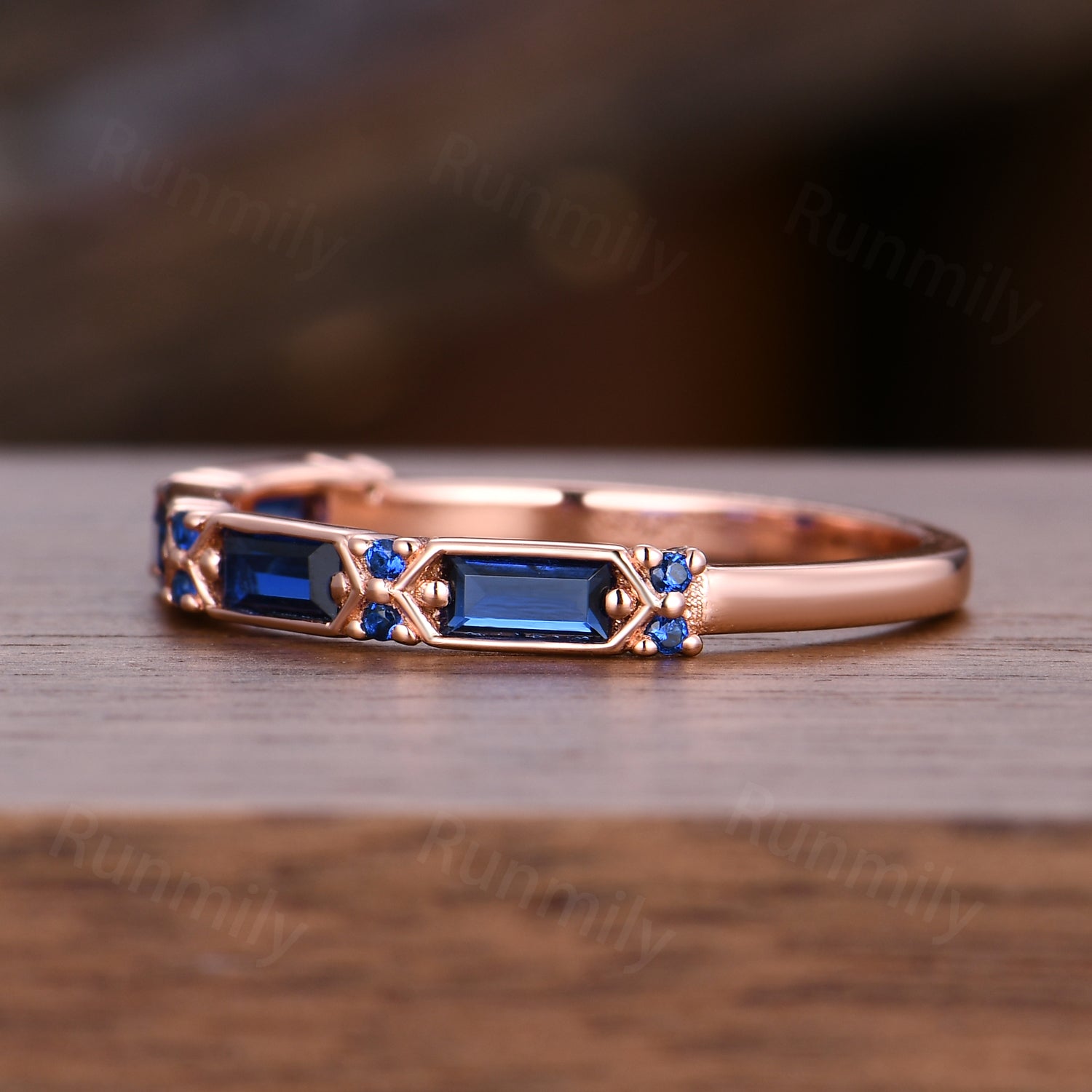 Antique Blue Sapphire Wedding Band Rose Gold Half Eternity Band Baguette Cut Blue Gemstone Ring Unique Stacking Ring Art Deco Sapphire Ring